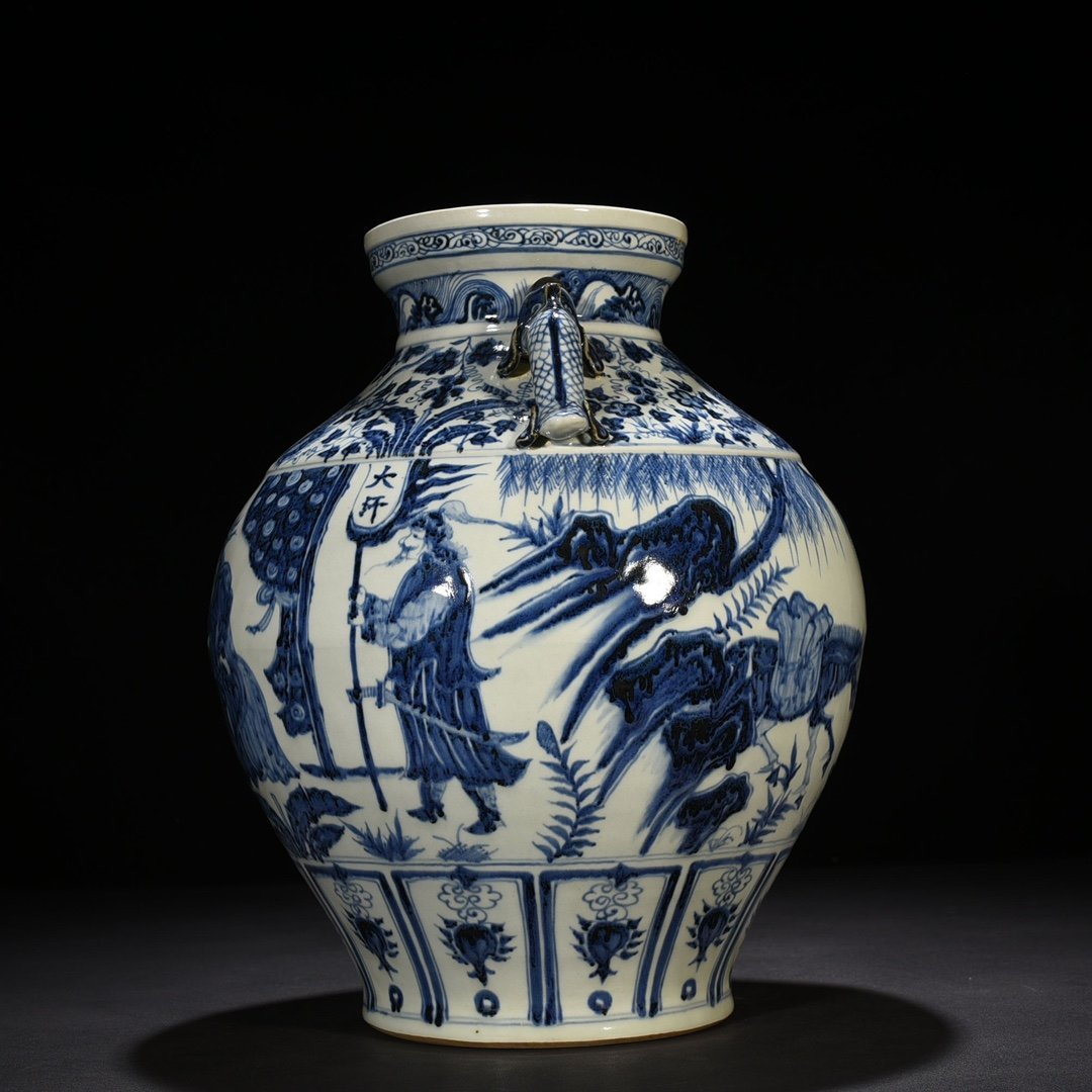 Yuan Dynasty blue and white fish ear jar with story pattern