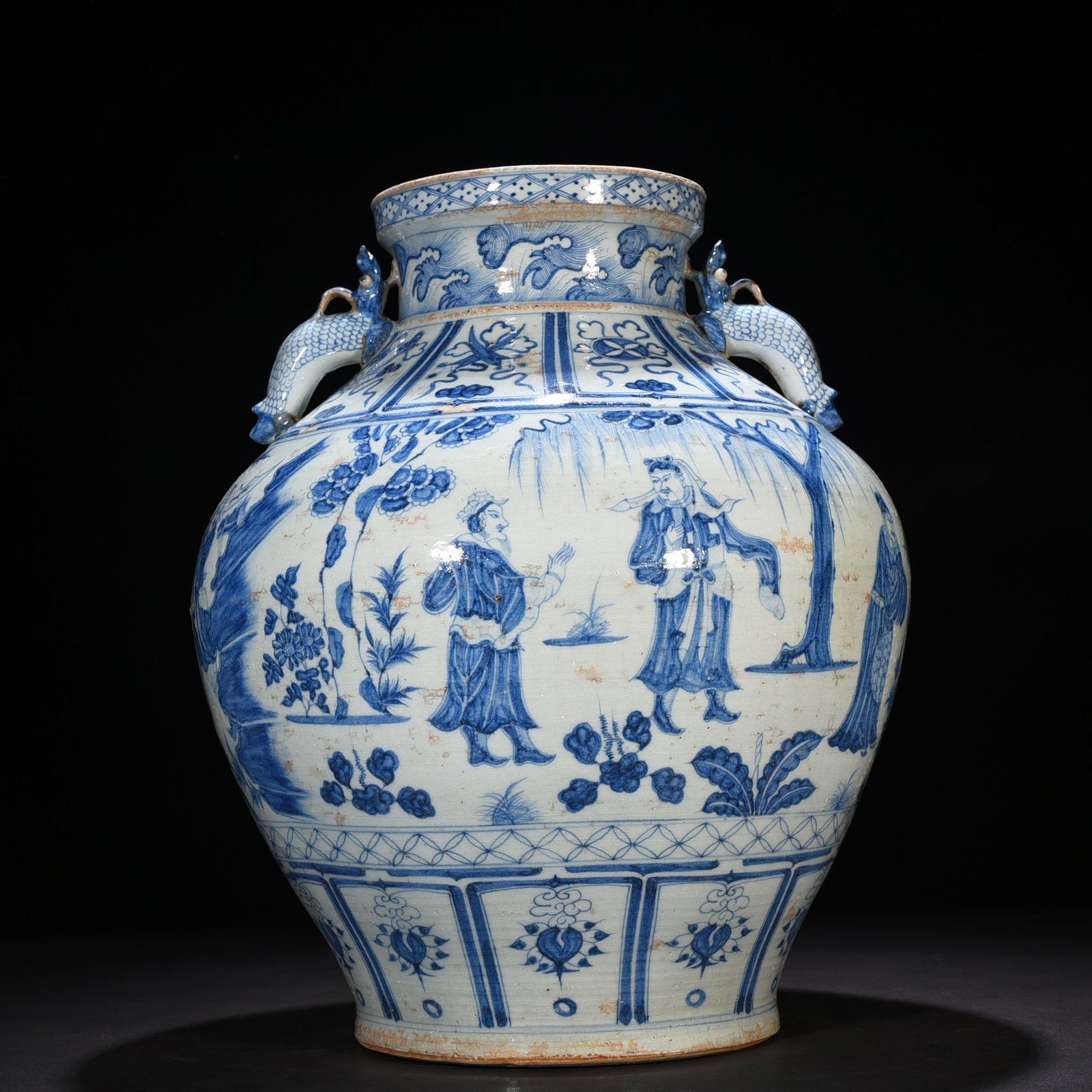 Yuan Dynasty blue and white large jar with two ears decorated with story of three visits