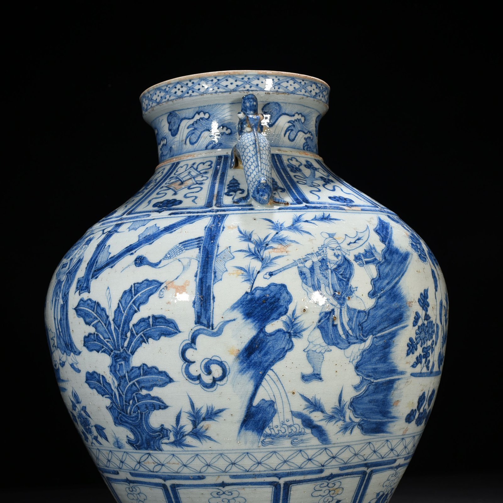 Yuan Dynasty blue and white large jar with two ears decorated with story of three visits
