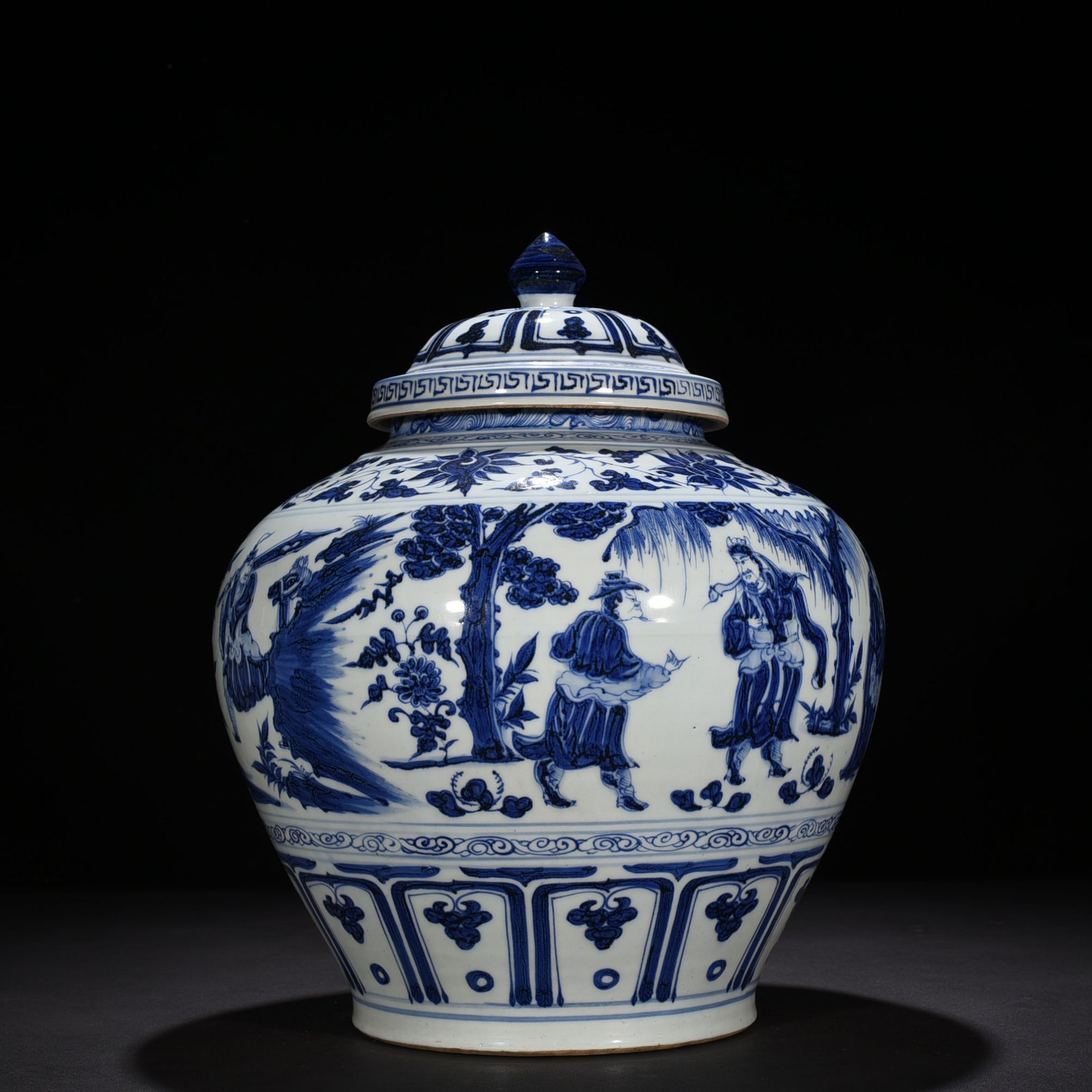 Yuan Dynasty blue and white jar with lid and pattern on three visits