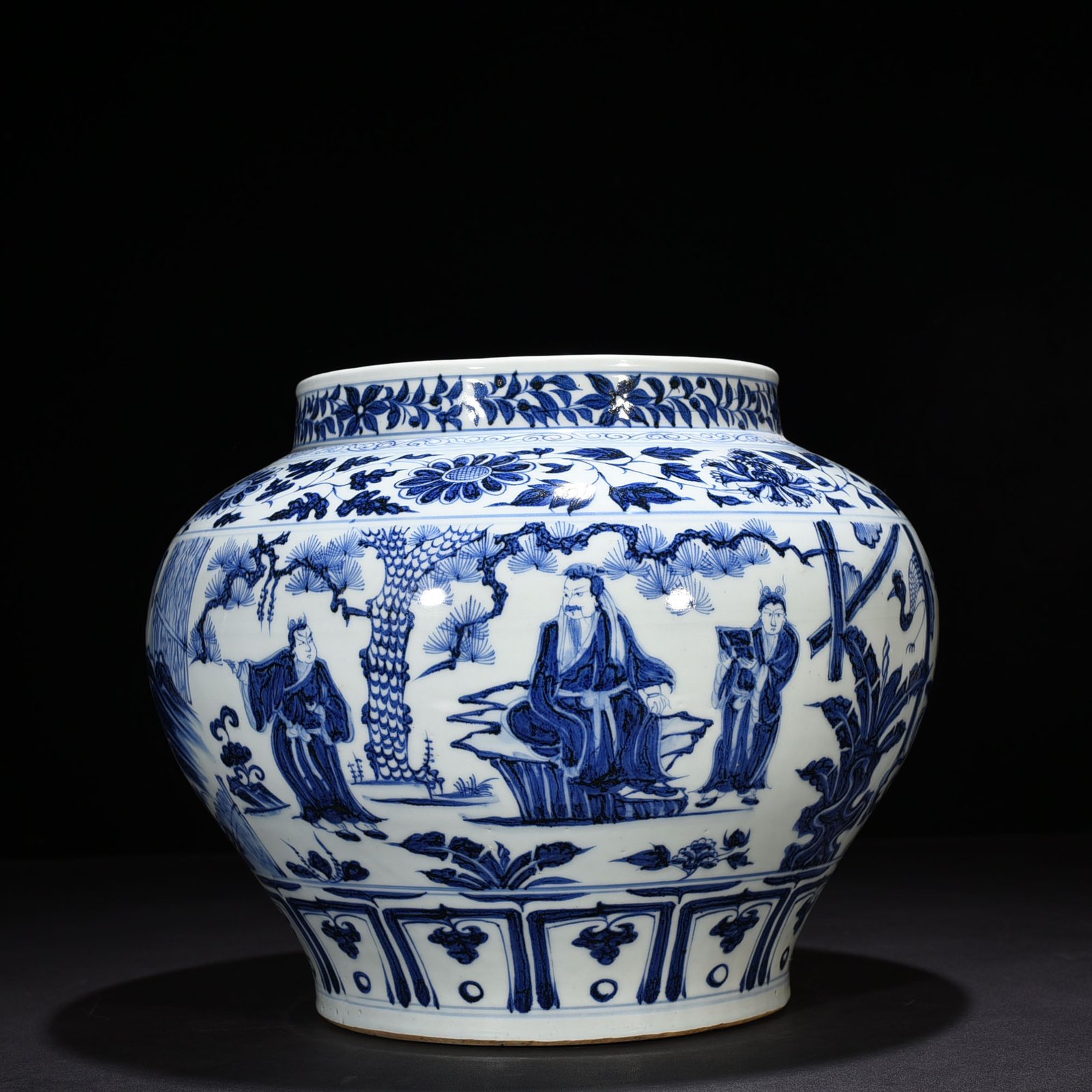 Yuan Dynasty blue and white three-visit thatched cottage character story jar