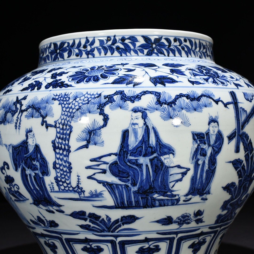 Yuan Dynasty blue and white three-visit thatched cottage character story jar