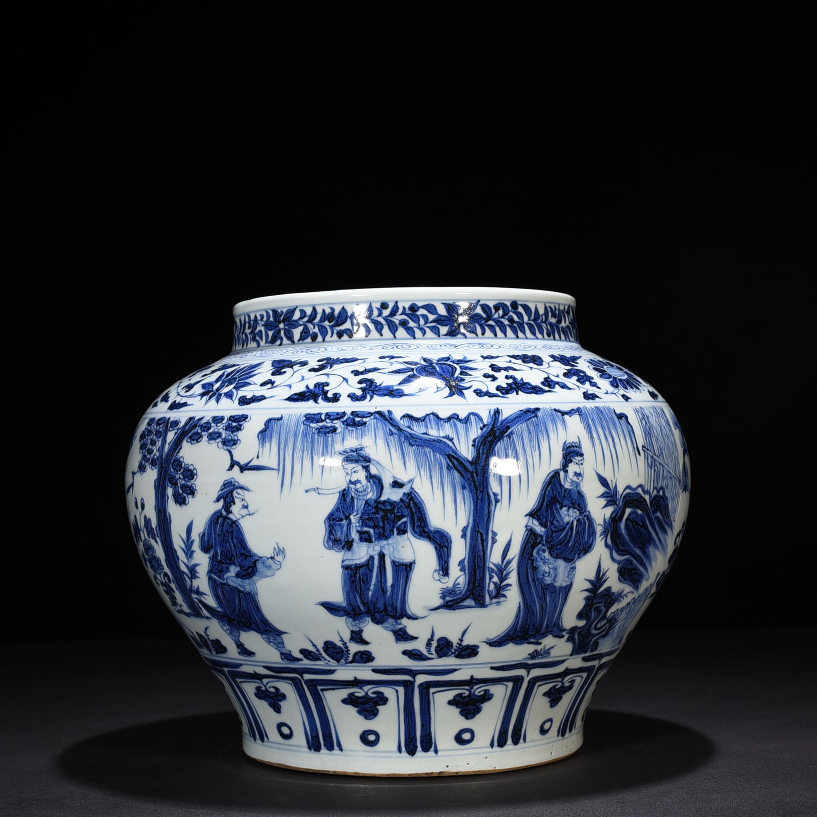 Yuan Dynasty blue and white three-visit thatched cottage character story jar