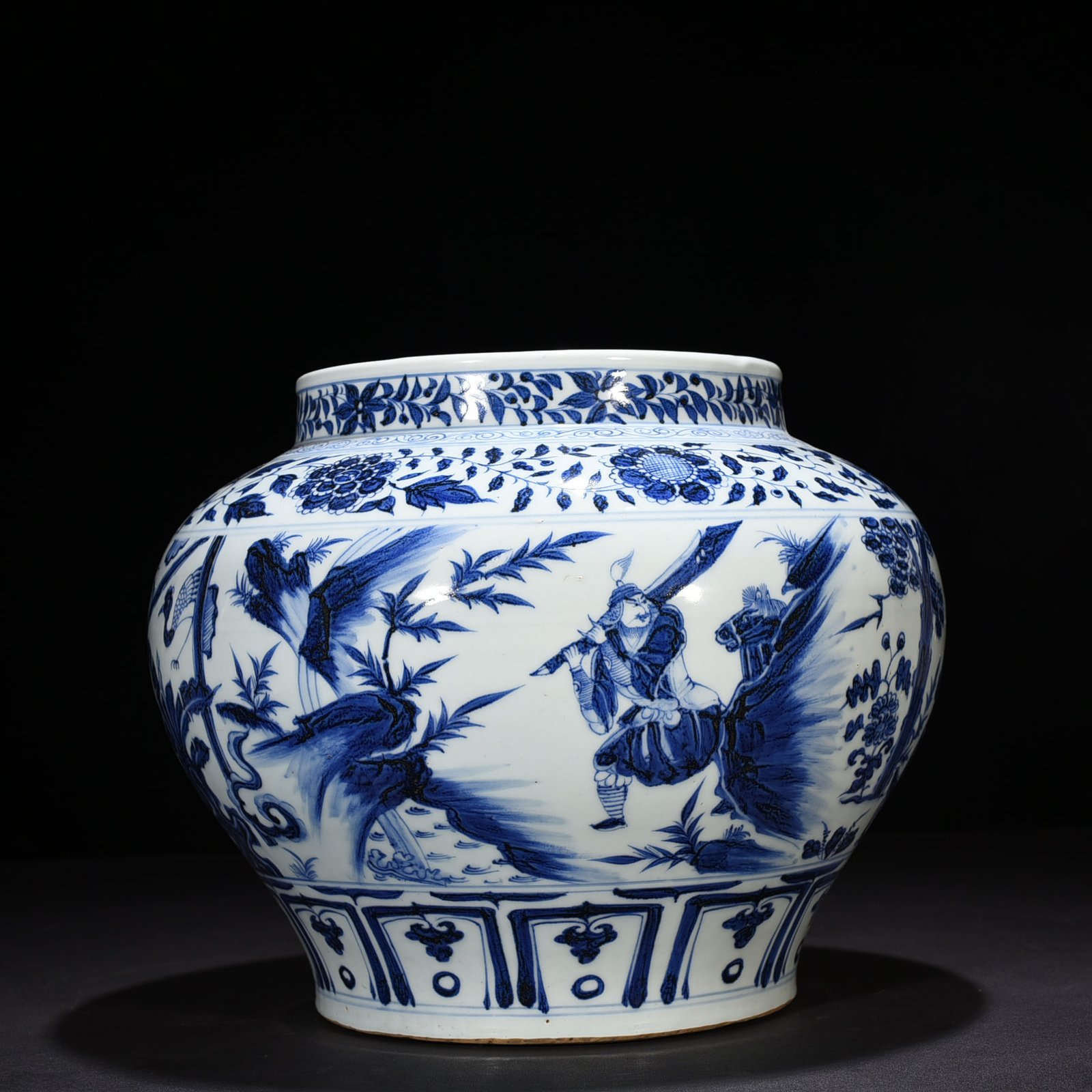 Yuan Dynasty blue and white three-visit thatched cottage character story jar