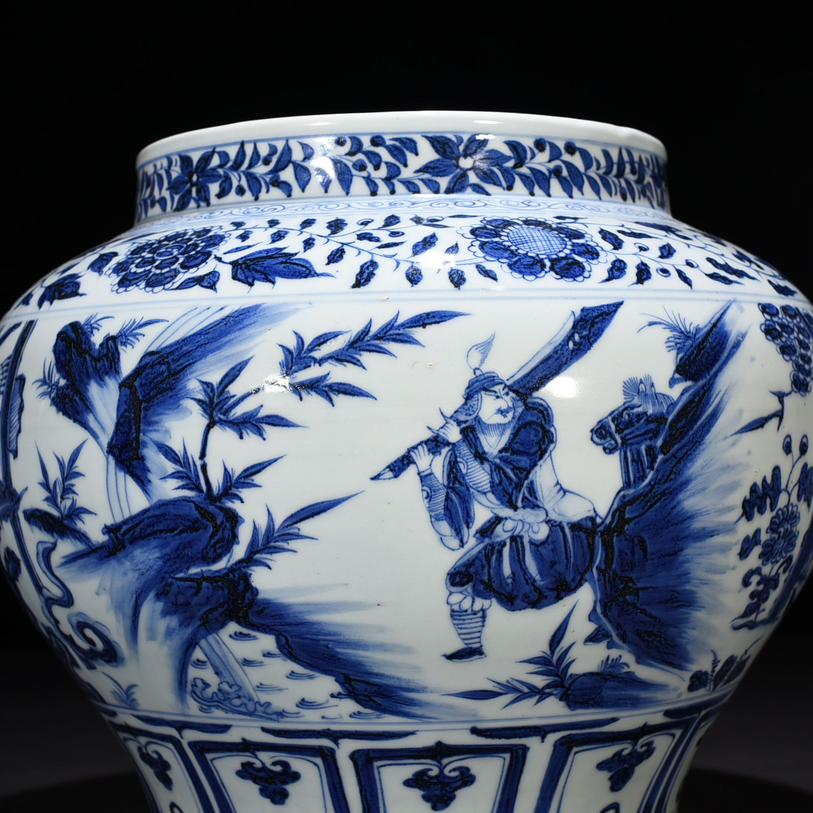 Yuan Dynasty blue and white three-visit thatched cottage character story jar