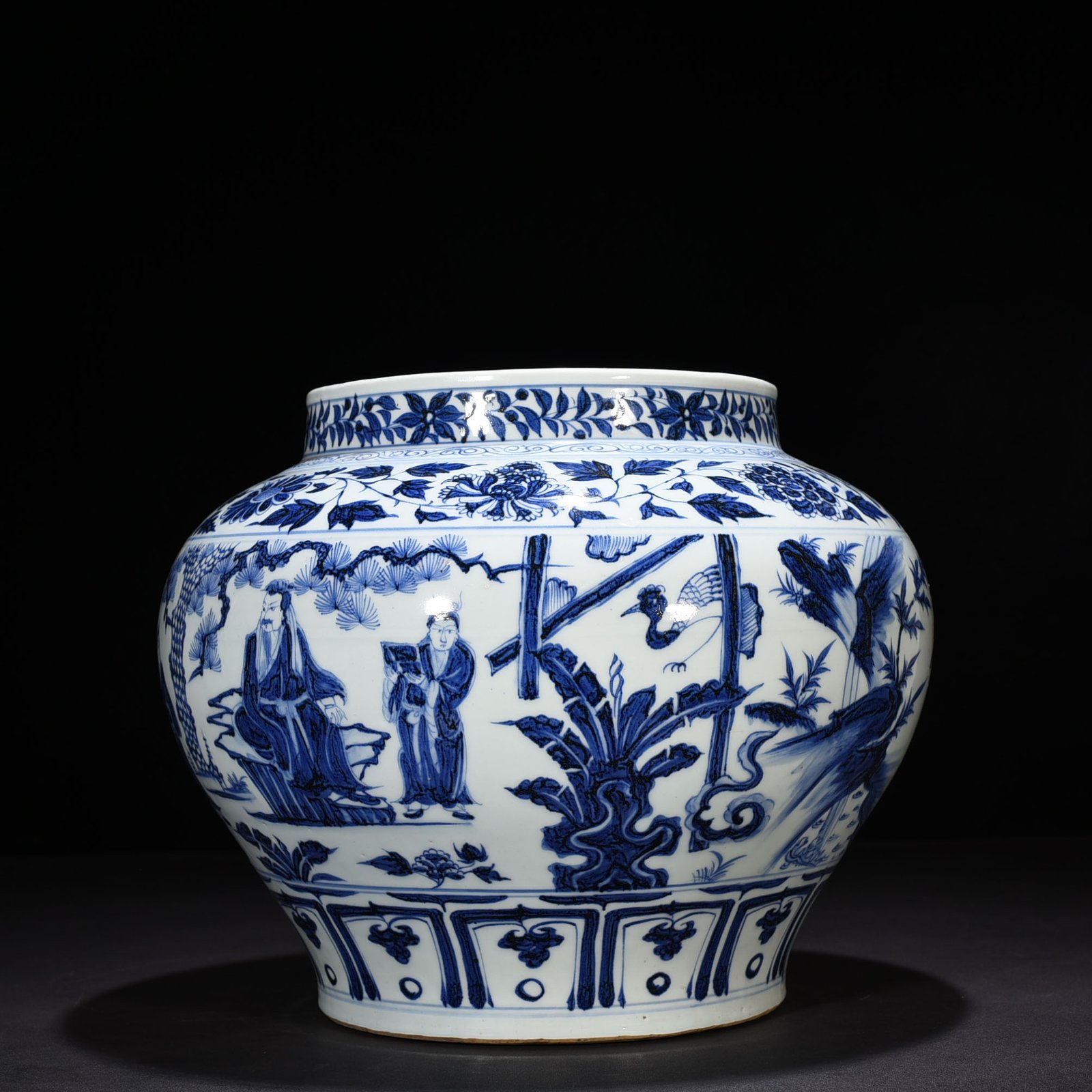 Yuan Dynasty blue and white three-visit thatched cottage character story jar