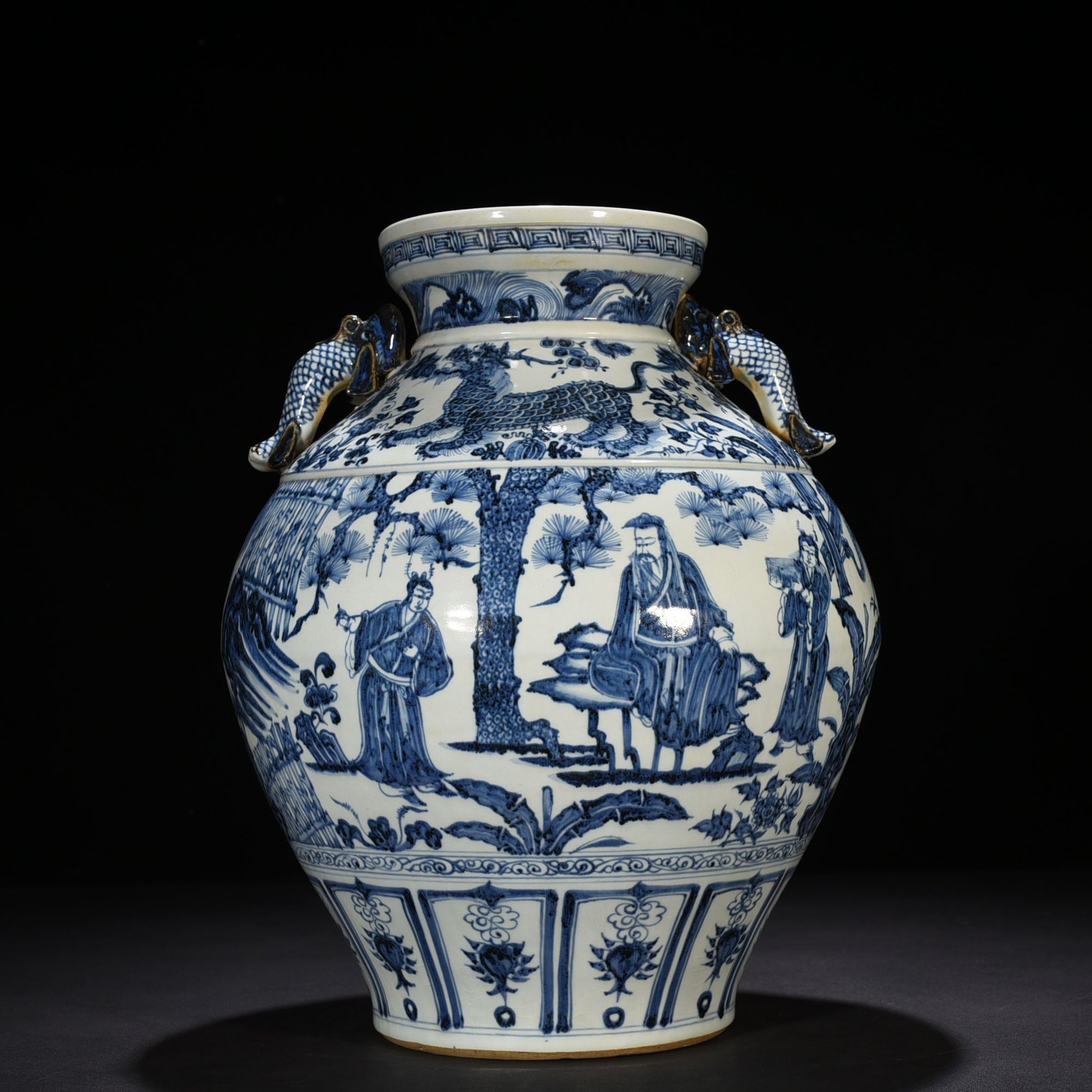 Yuan Dynasty blue and white fish ear jar with story of three visits to thatched cottage