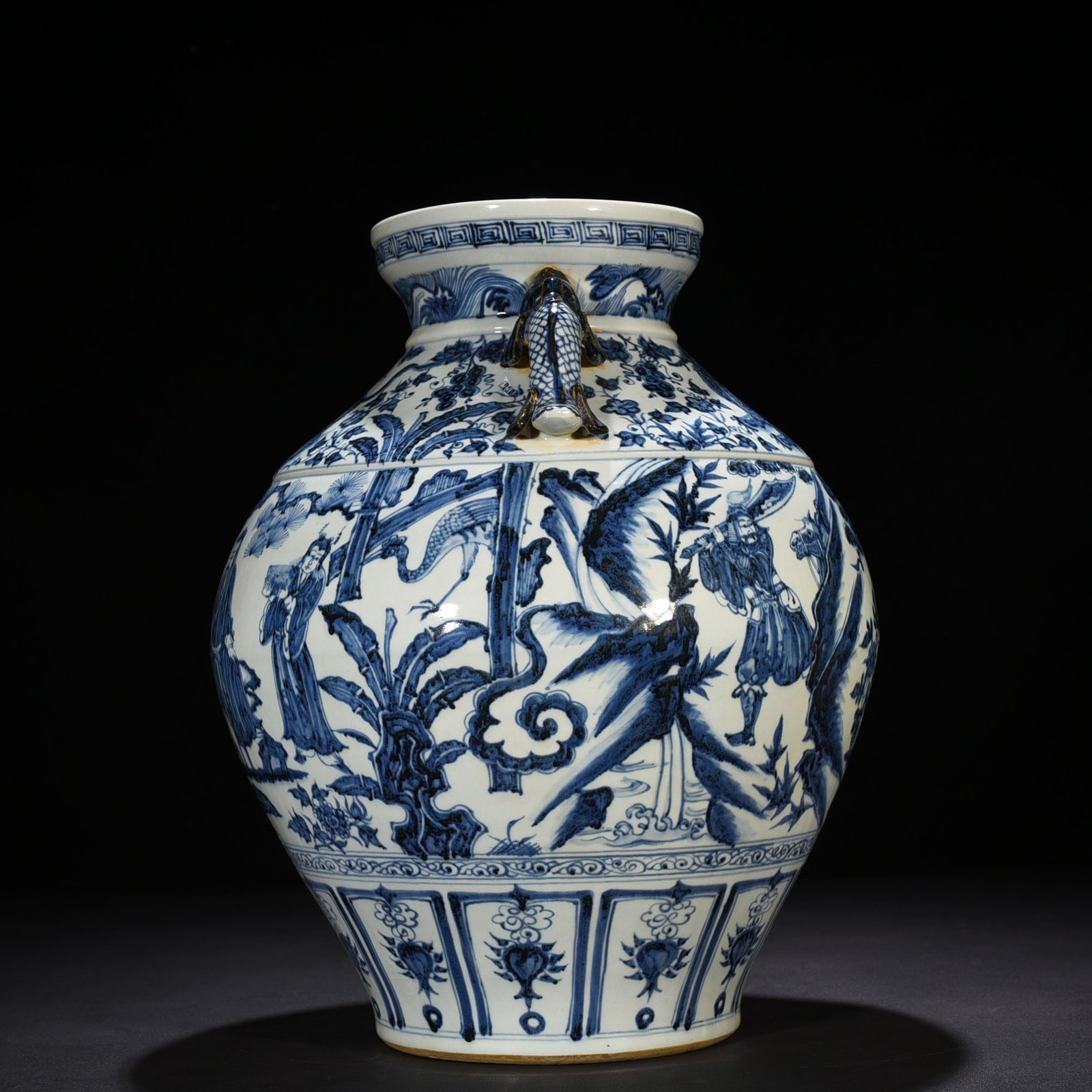 Yuan Dynasty blue and white fish ear jar with story of three visits to thatched cottage