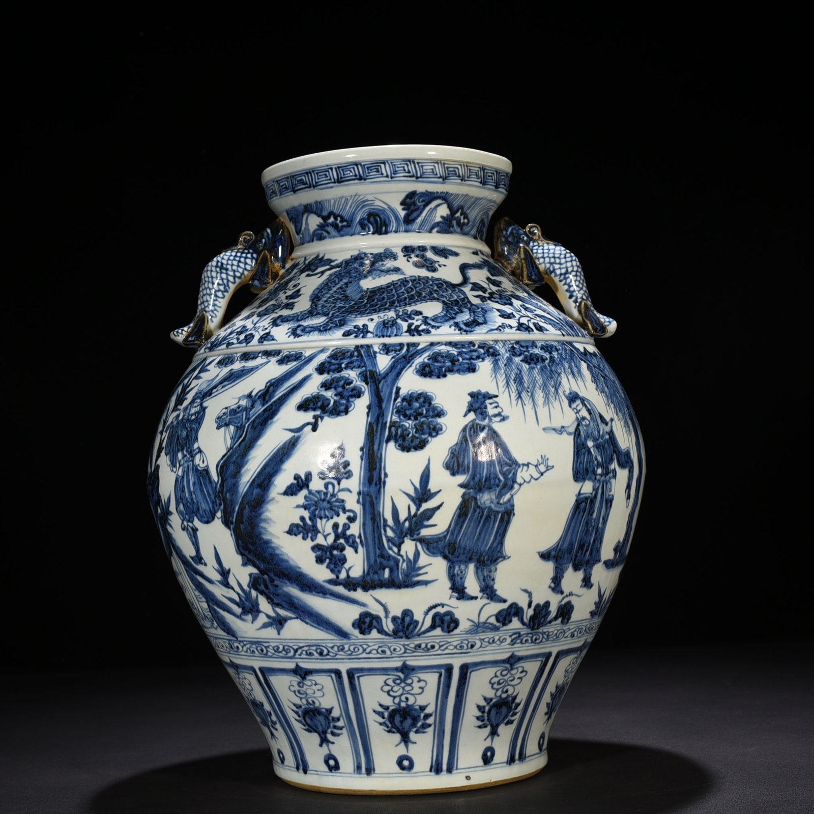 Yuan Dynasty blue and white fish ear jar with story of three visits to thatched cottage