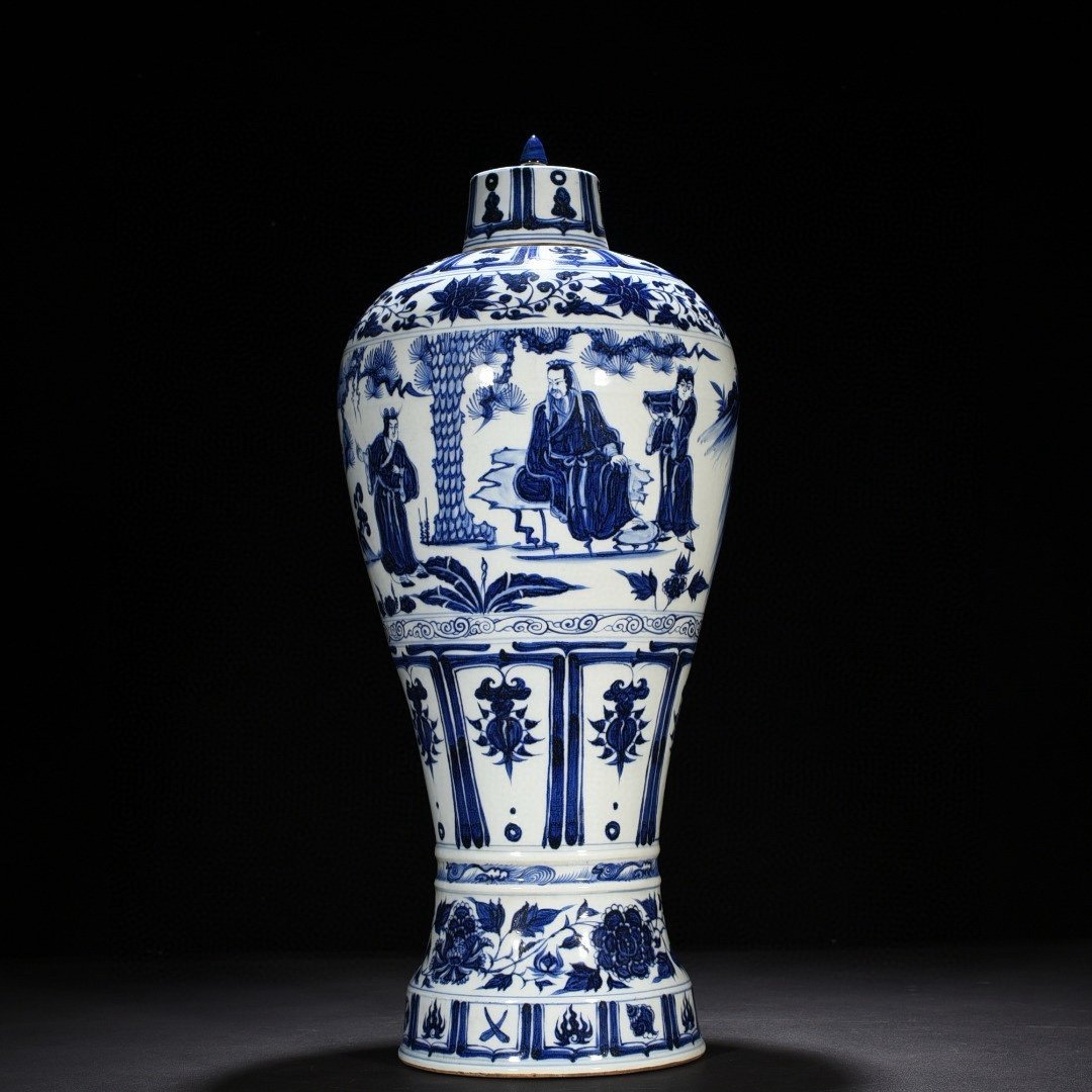 Yuan Dynasty blue and white three-visit thatched cottage figure plum vase with tall legs and lid