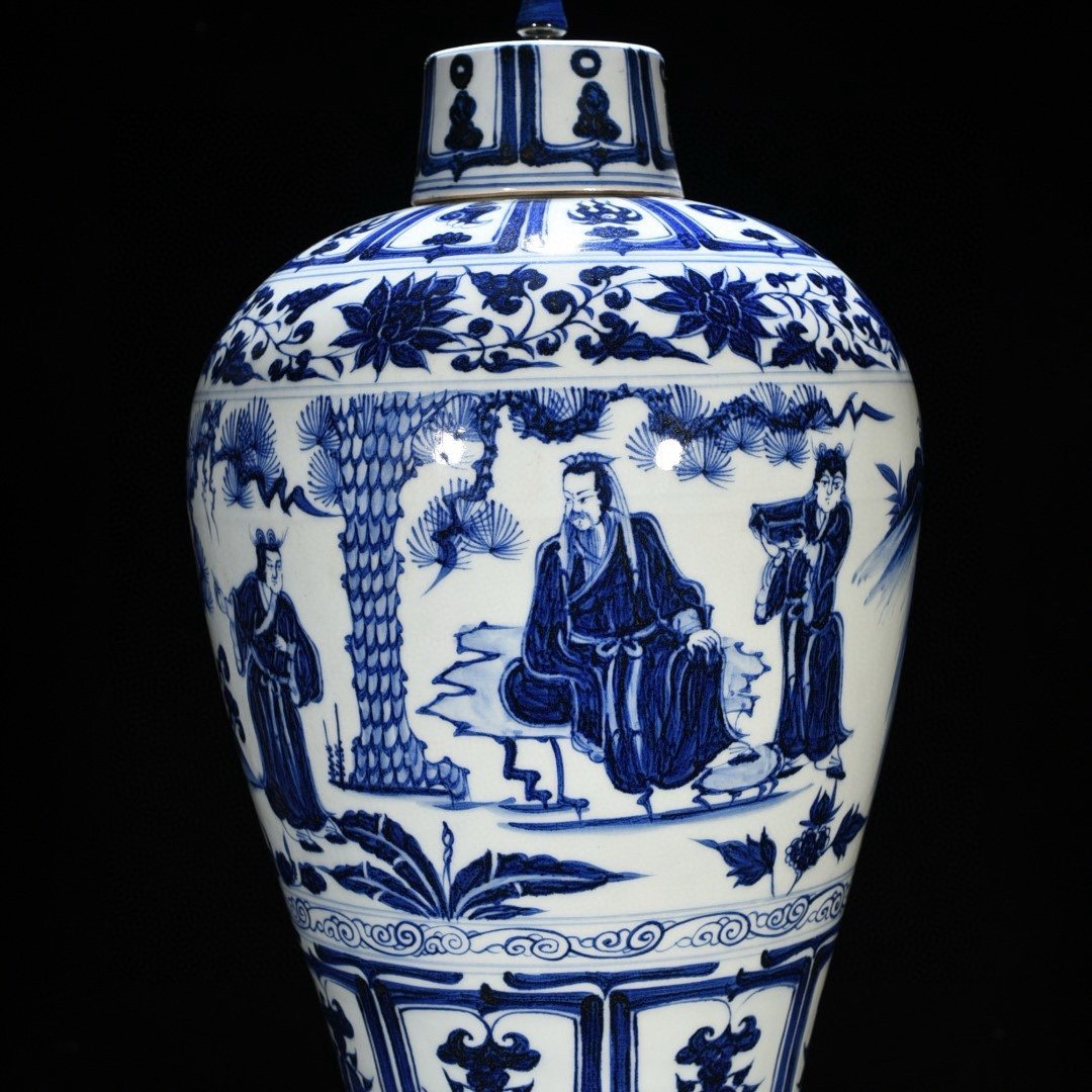 Yuan Dynasty blue and white three-visit thatched cottage figure plum vase with tall legs and lid