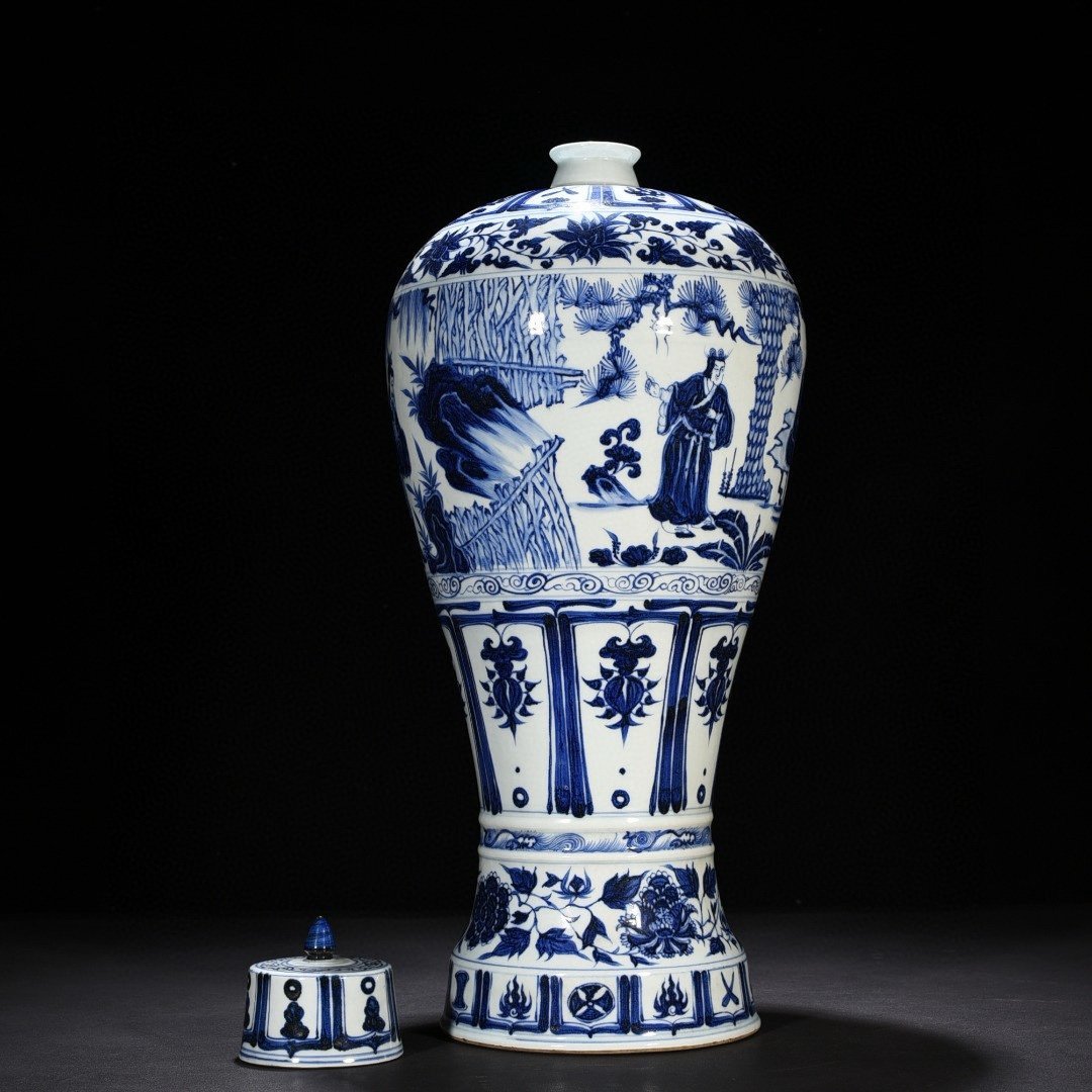 Yuan Dynasty blue and white three-visit thatched cottage figure plum vase with tall legs and lid