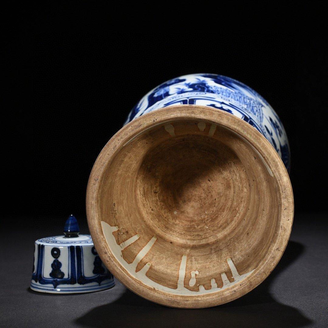 Yuan Dynasty blue and white three-visit thatched cottage figure plum vase with tall legs and lid