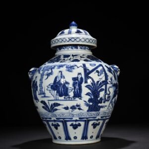 Yuan Dynasty blue and white three-visit thatched cottage figure jar with tiger head cover
