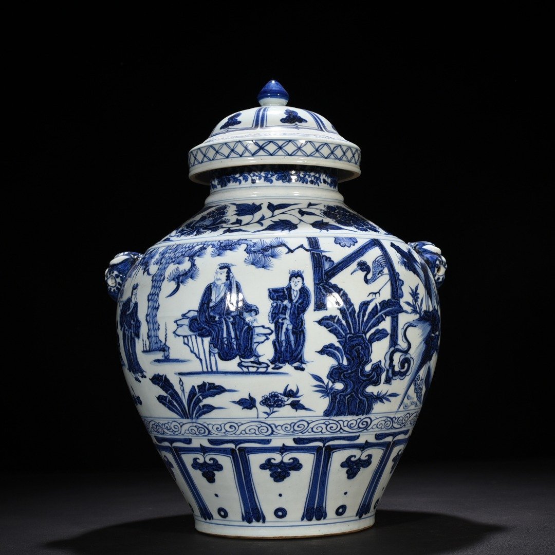 Yuan Dynasty blue and white three-visit thatched cottage figure jar with tiger head cover