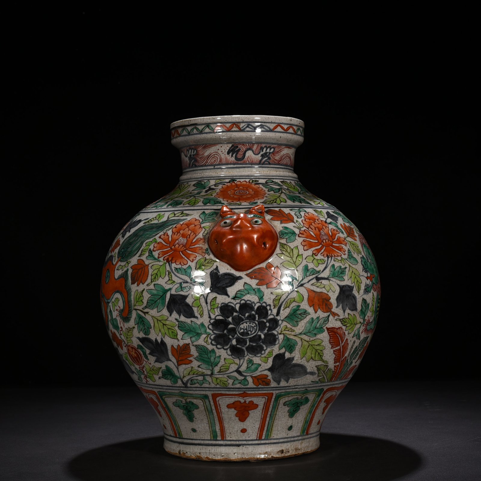 Yuan Dynasty blue and white multicolored animal ear jar with entwined branches and lion pattern