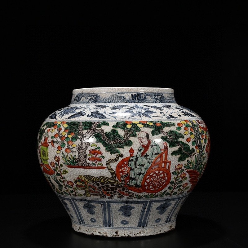 Yuan Dynasty blue and white colorful ghost valley descending mountain character story jar