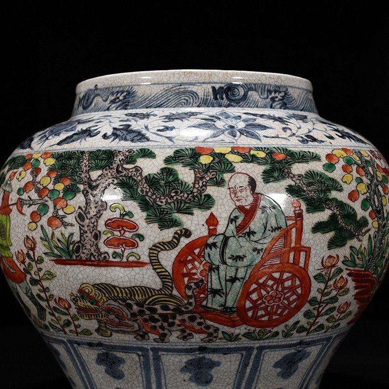 Yuan Dynasty blue and white colorful ghost valley descending mountain character story jar