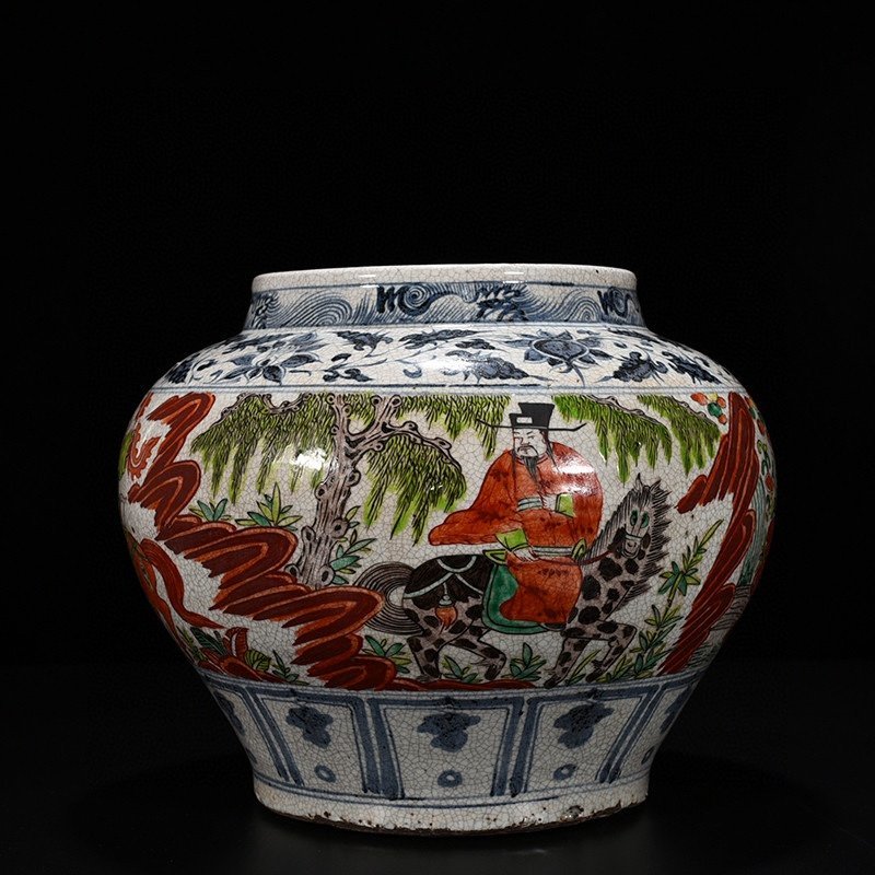 Yuan Dynasty blue and white colorful ghost valley descending mountain character story jar