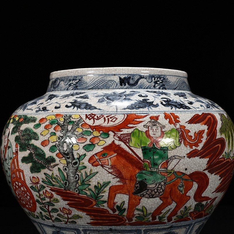 Yuan Dynasty blue and white colorful ghost valley descending mountain character story jar