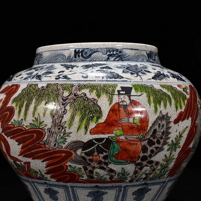 Yuan Dynasty blue and white colorful ghost valley descending mountain character story jar