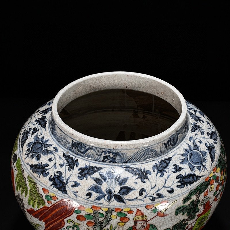 Yuan Dynasty blue and white colorful ghost valley descending mountain character story jar