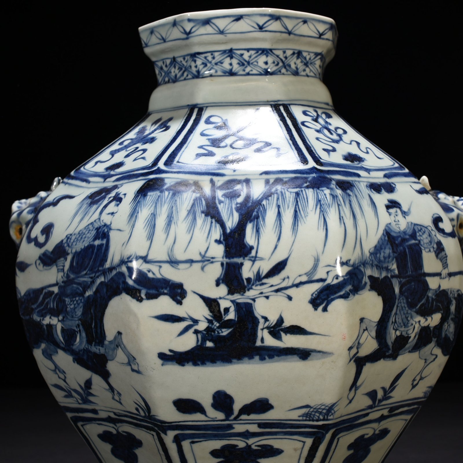 Yuan Dynasty blue and white character story pattern octagonal animal ear jar