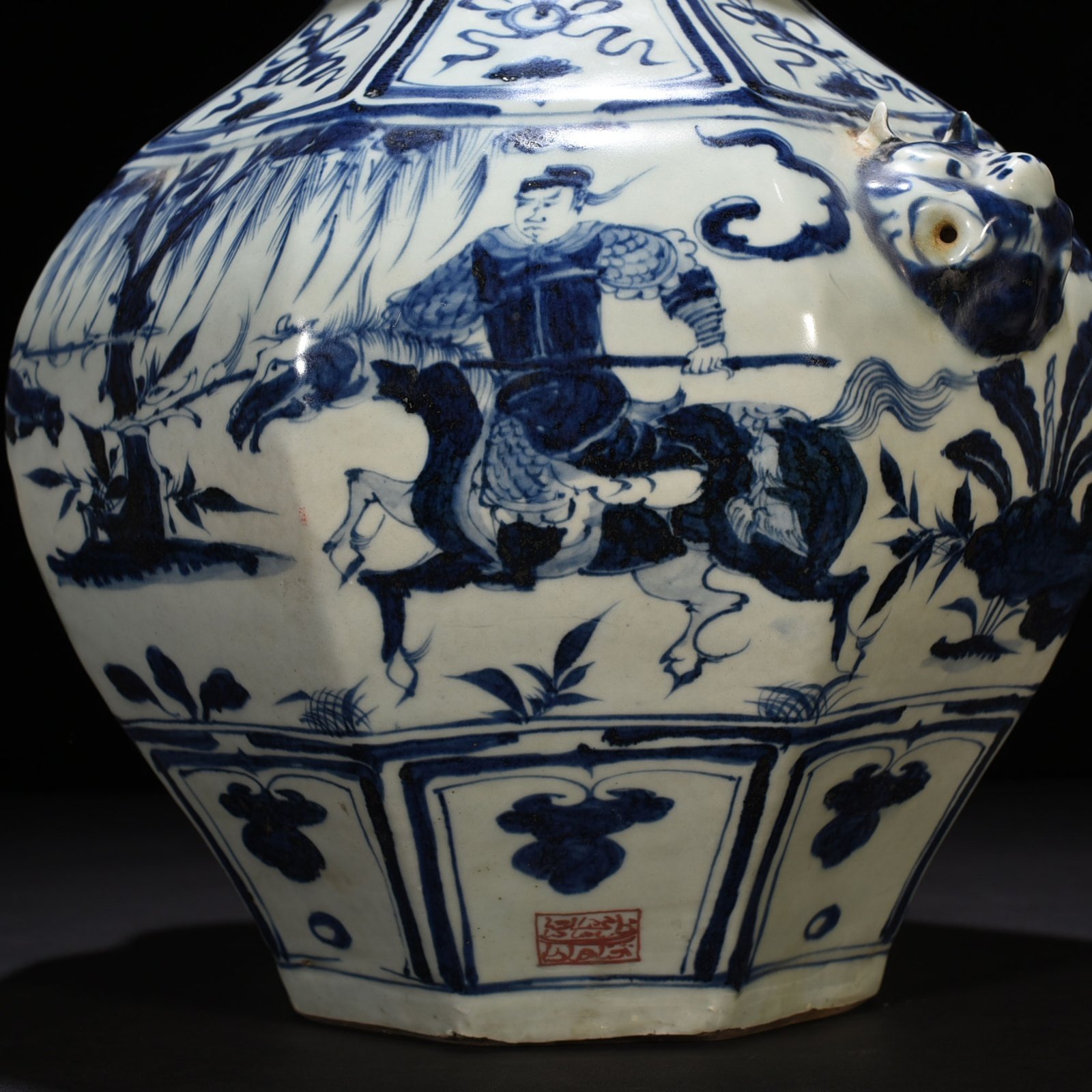 Yuan Dynasty blue and white character story pattern octagonal animal ear jar