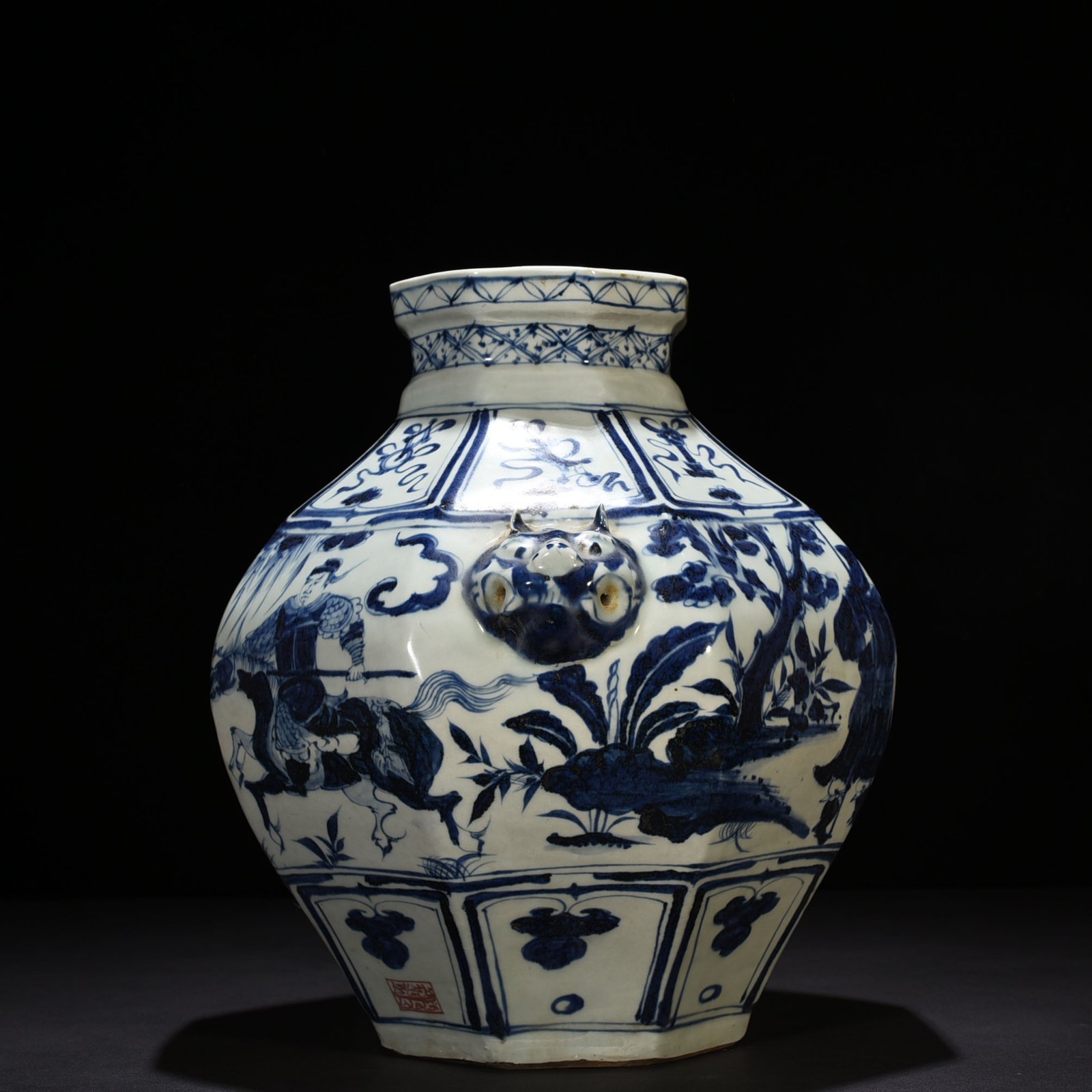 Yuan Dynasty blue and white character story pattern octagonal animal ear jar