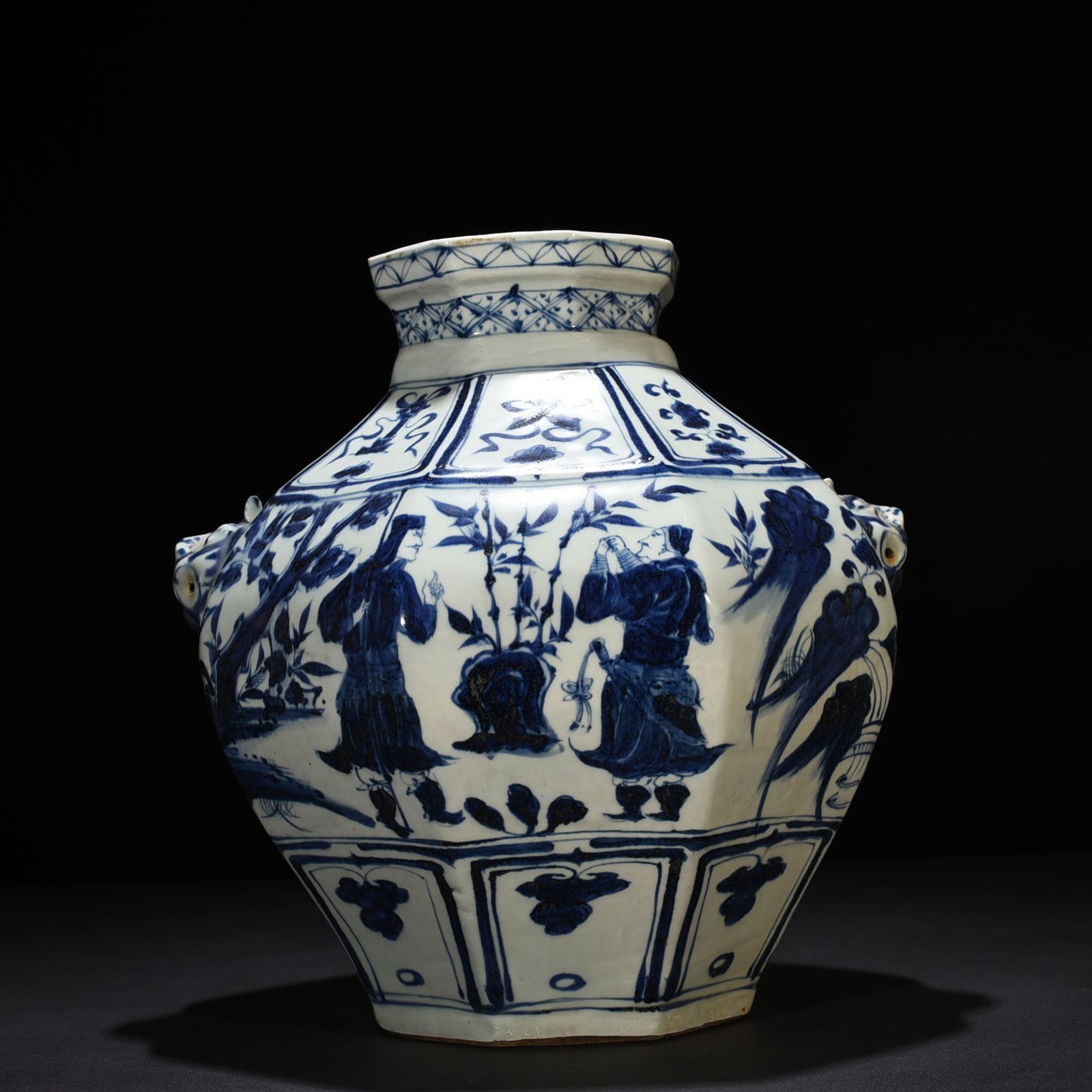 Yuan Dynasty blue and white character story pattern octagonal animal ear jar