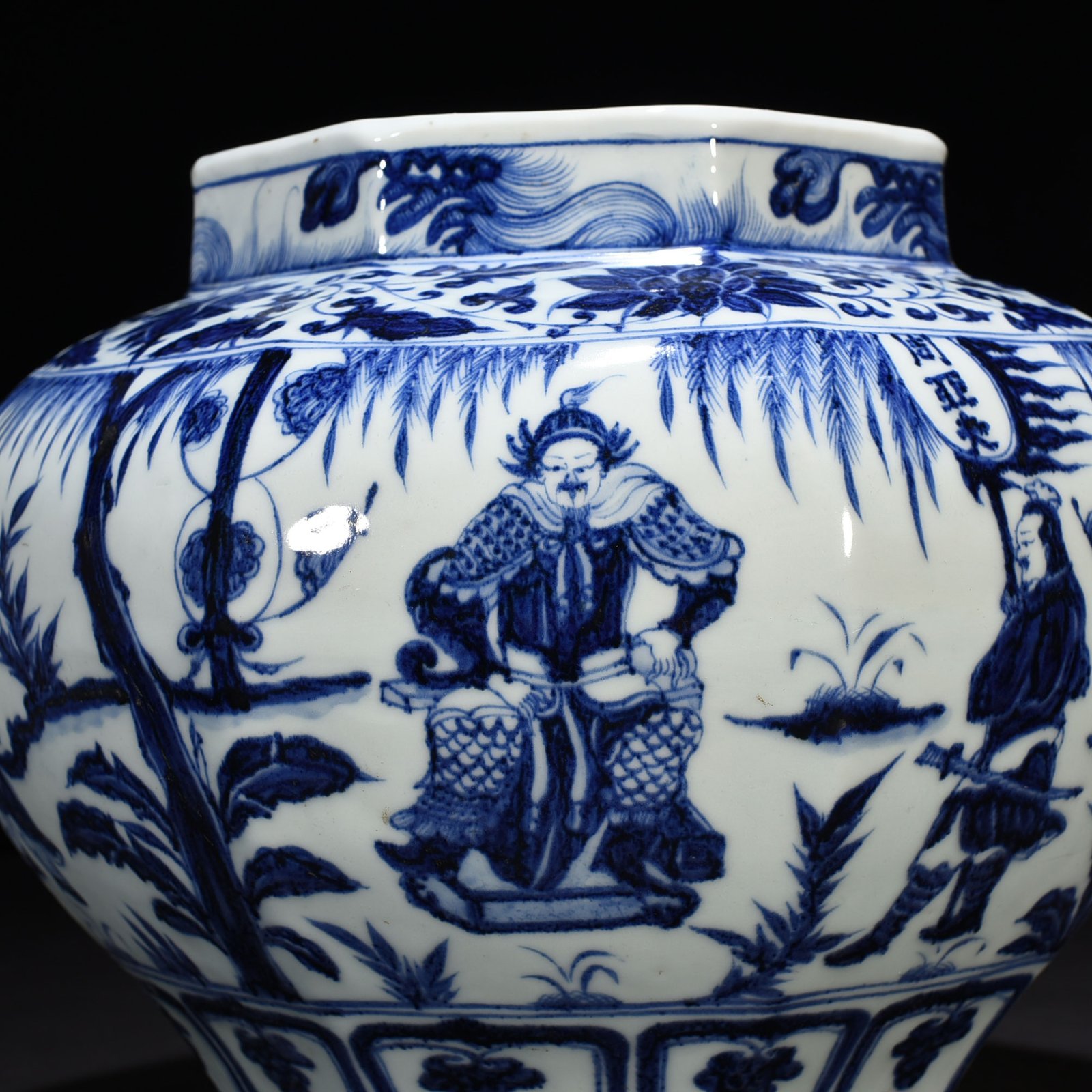 Yuan Dynasty blue and white Zhou Yafu Xiliuying character story pattern Bafang jar