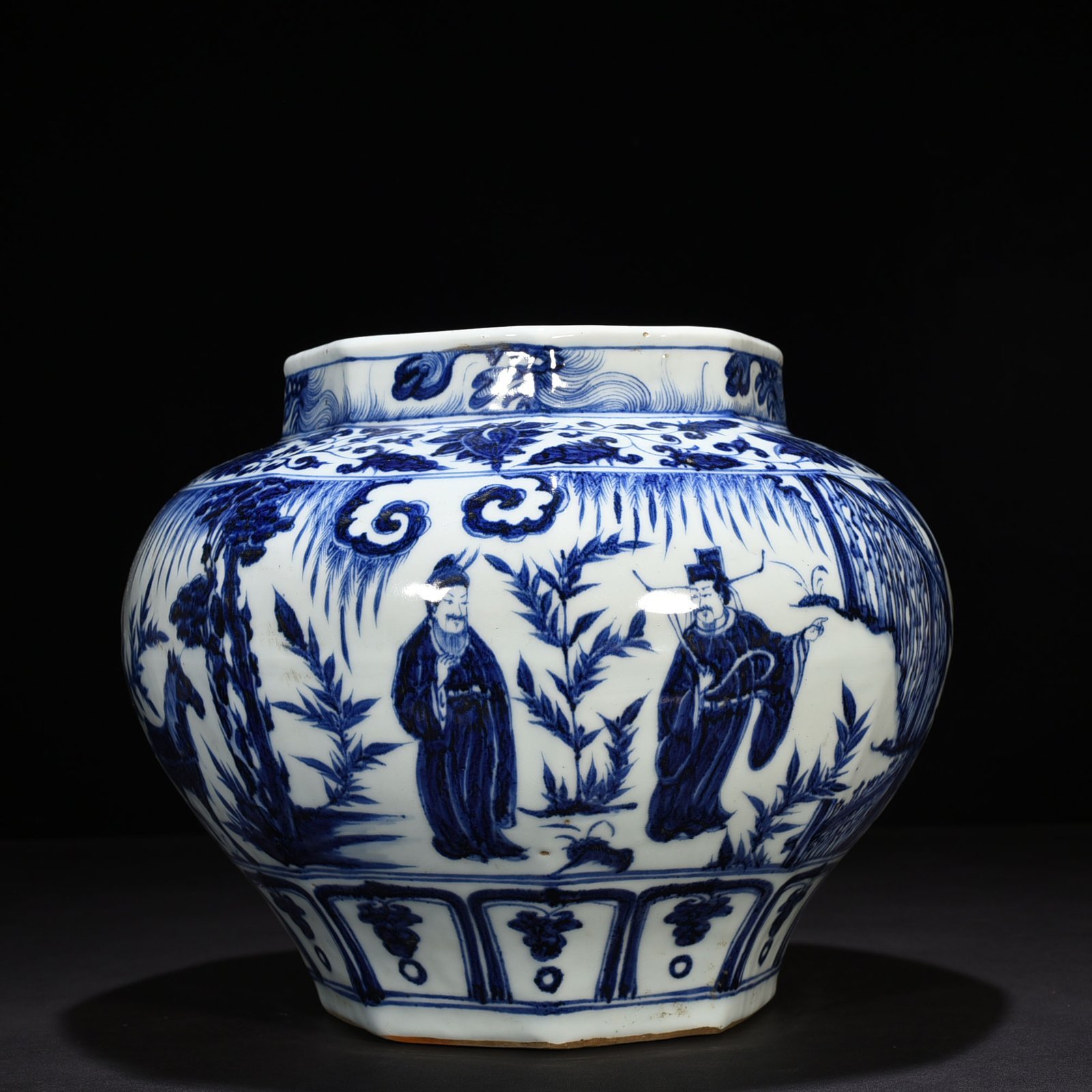 Yuan Dynasty blue and white Zhou Yafu Xiliuying character story pattern Bafang jar
