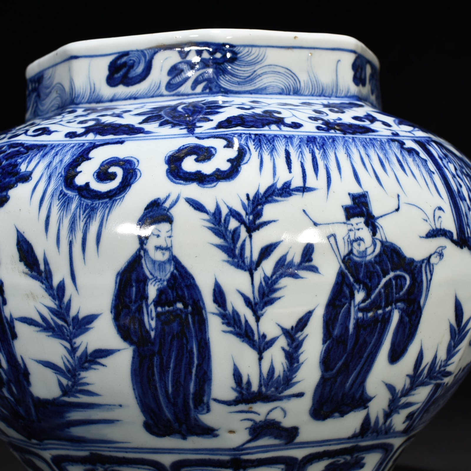 Yuan Dynasty blue and white Zhou Yafu Xiliuying character story pattern Bafang jar