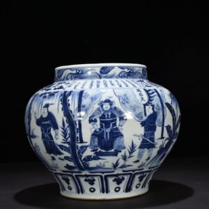 Yuan Dynaasty ty blue and white Zhou Yafu Xiliuying character inscription story jar