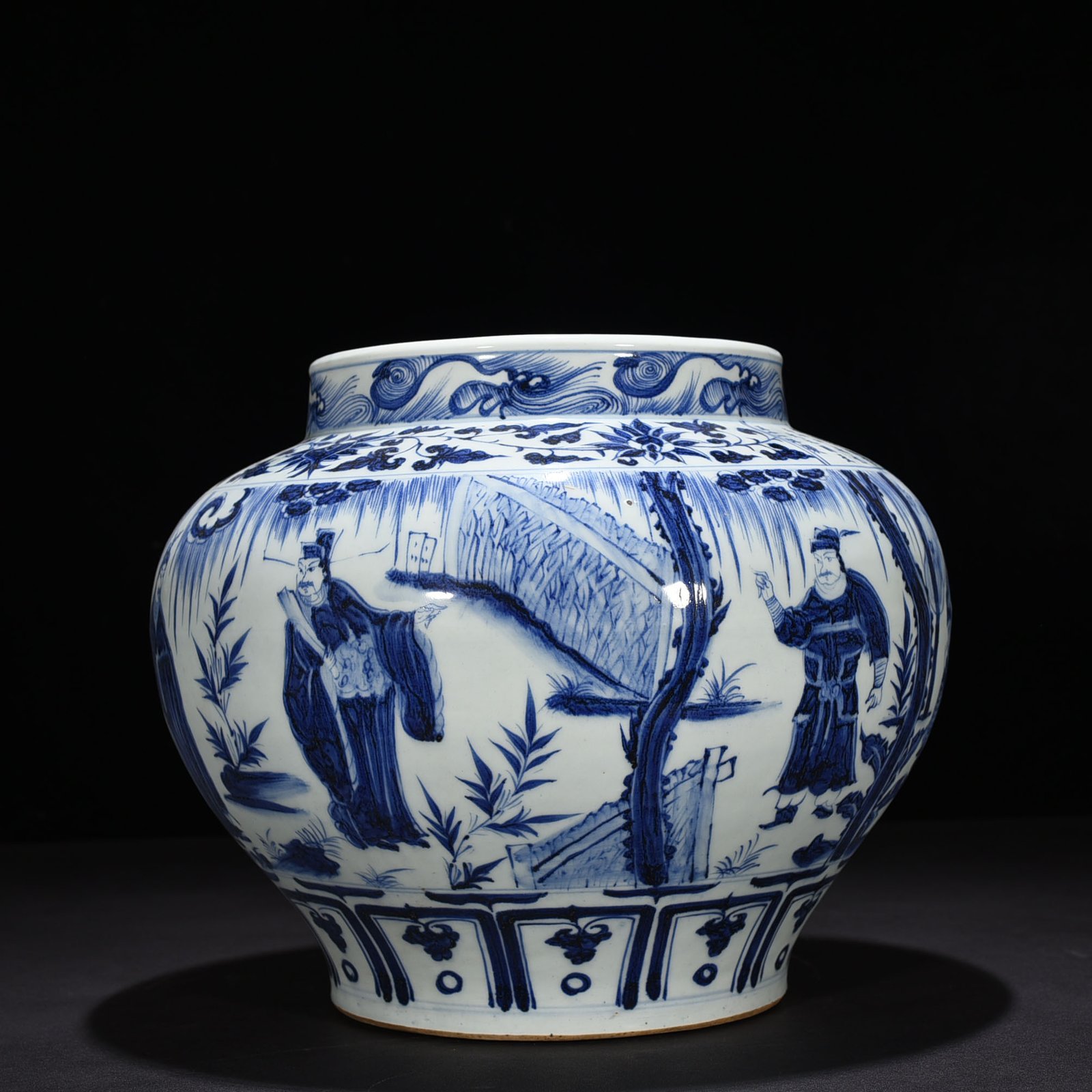 Yuan Dynaasty ty blue and white Zhou Yafu Xiliuying character inscription story jar