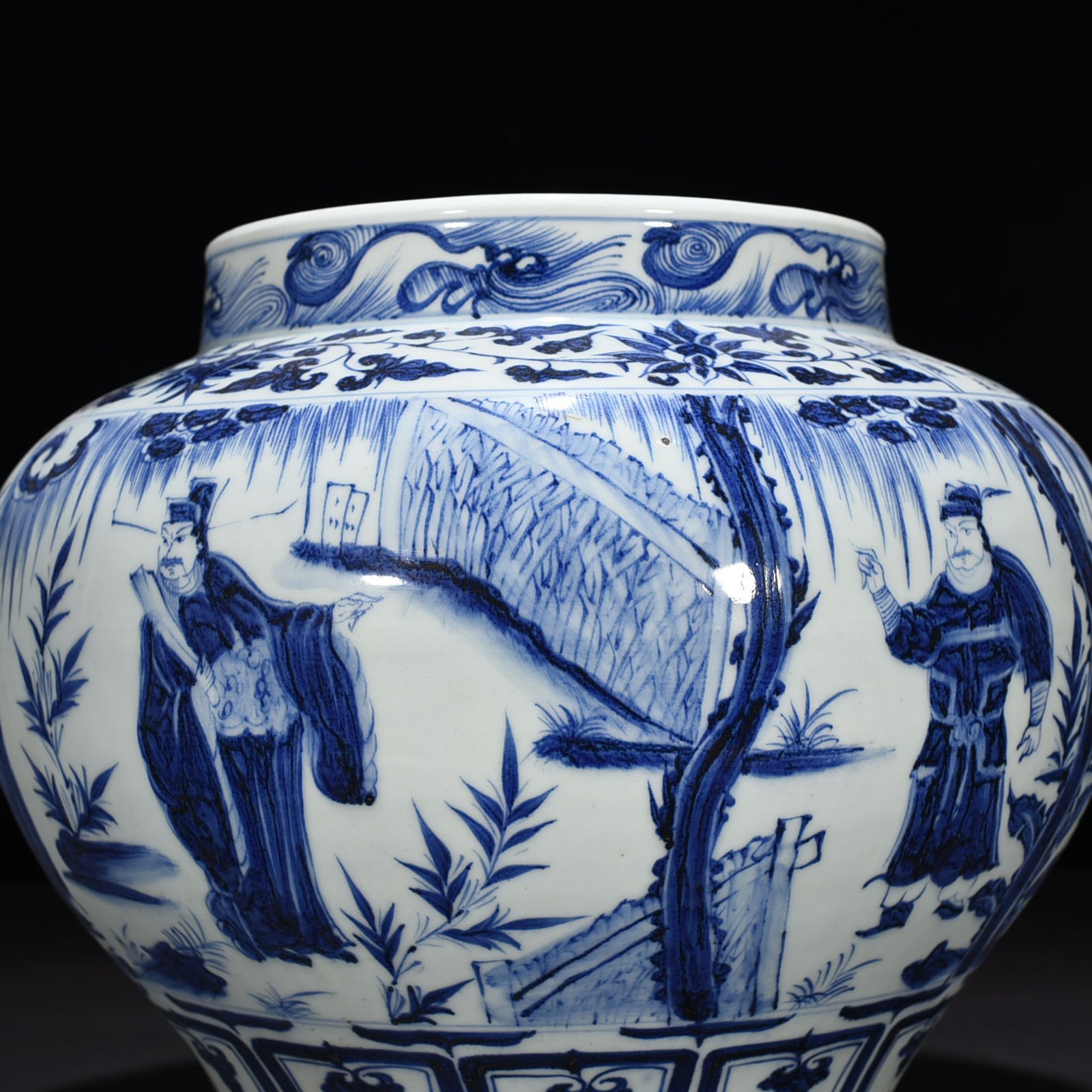 Yuan Dynaasty ty blue and white Zhou Yafu Xiliuying character inscription story jar