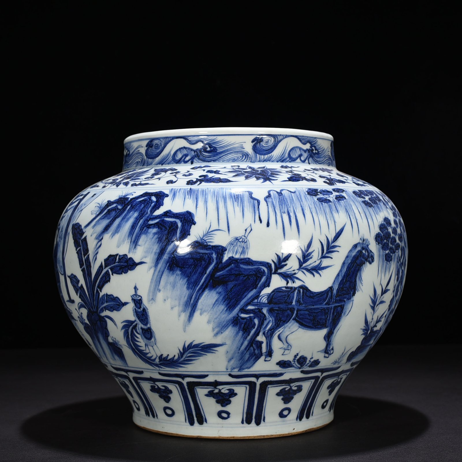 Yuan Dynaasty ty blue and white Zhou Yafu Xiliuying character inscription story jar