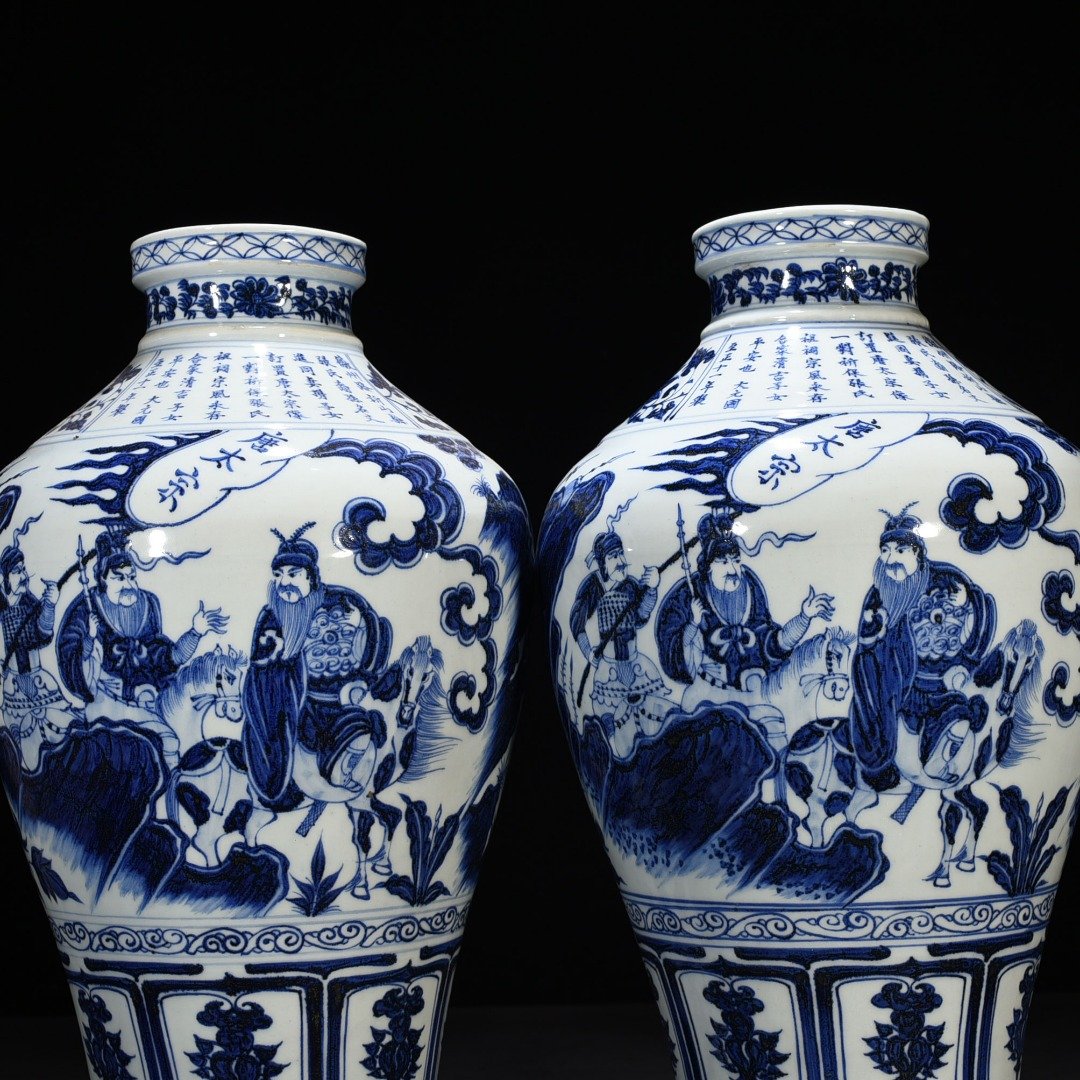 Yuan Dynasty blue and white Tang Taizong riding alone savior character story vase