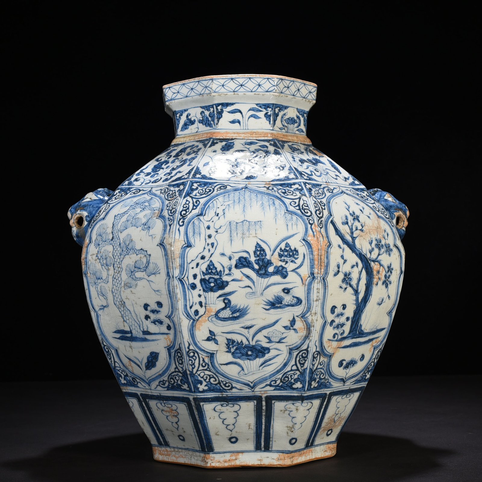 Yuan Dynasty blue and white pine bamboo plum and lotus pond mandarin duck pattern animal ear octagonal jar