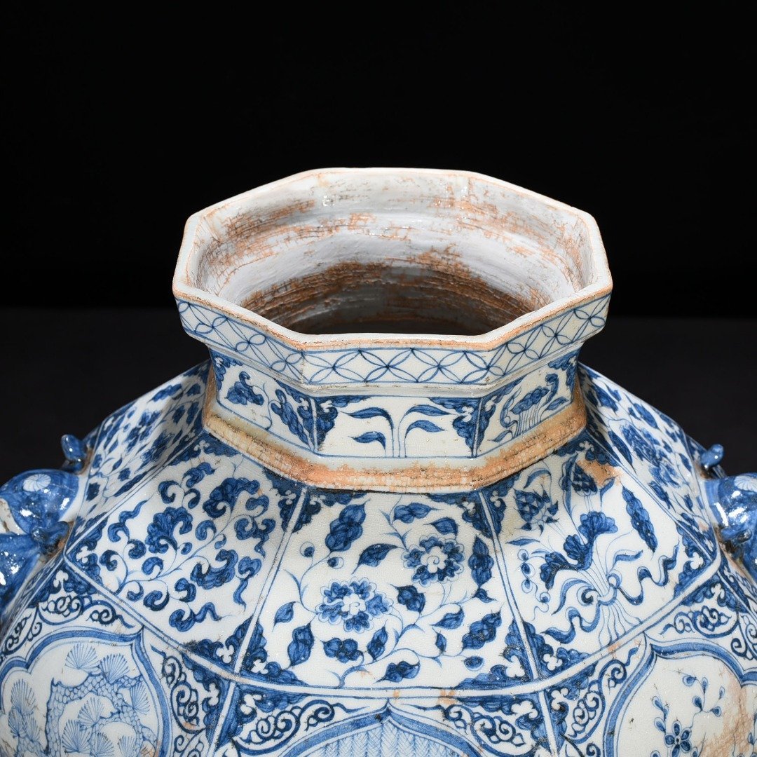 Yuan Dynasty blue and white pine bamboo plum and lotus pond mandarin duck pattern animal ear octagonal jar