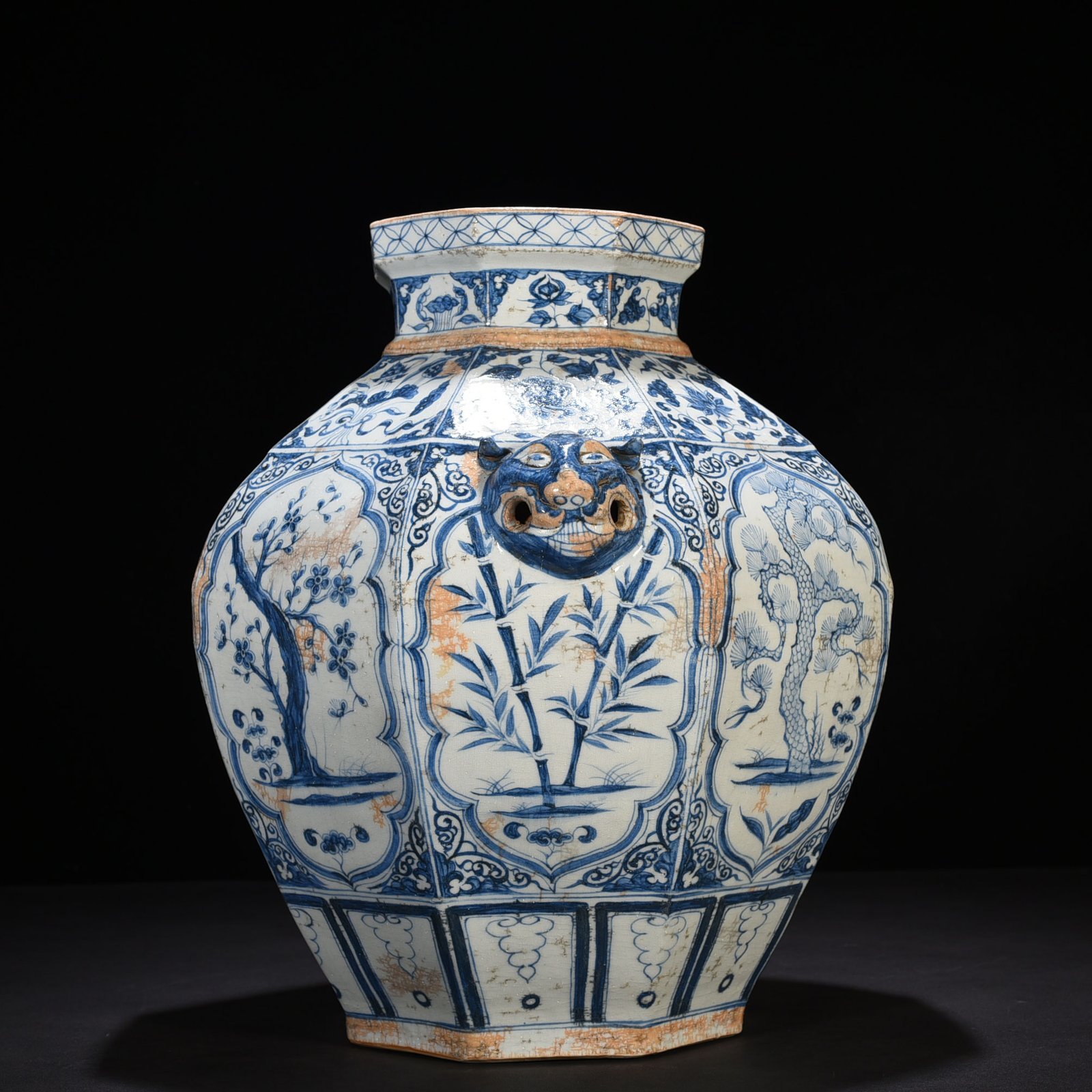 Yuan Dynasty blue and white pine bamboo plum and lotus pond mandarin duck pattern animal ear octagonal jar