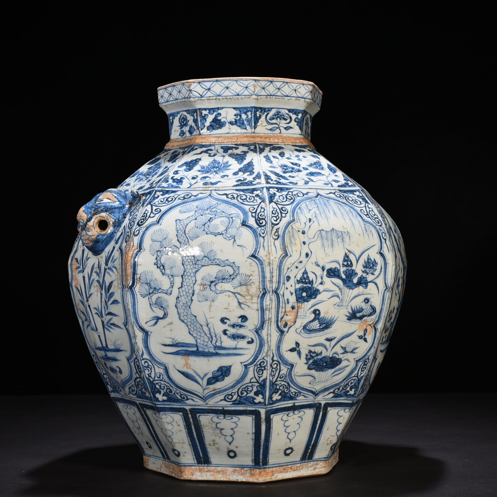Yuan Dynasty blue and white pine bamboo plum and lotus pond mandarin duck pattern animal ear octagonal jar