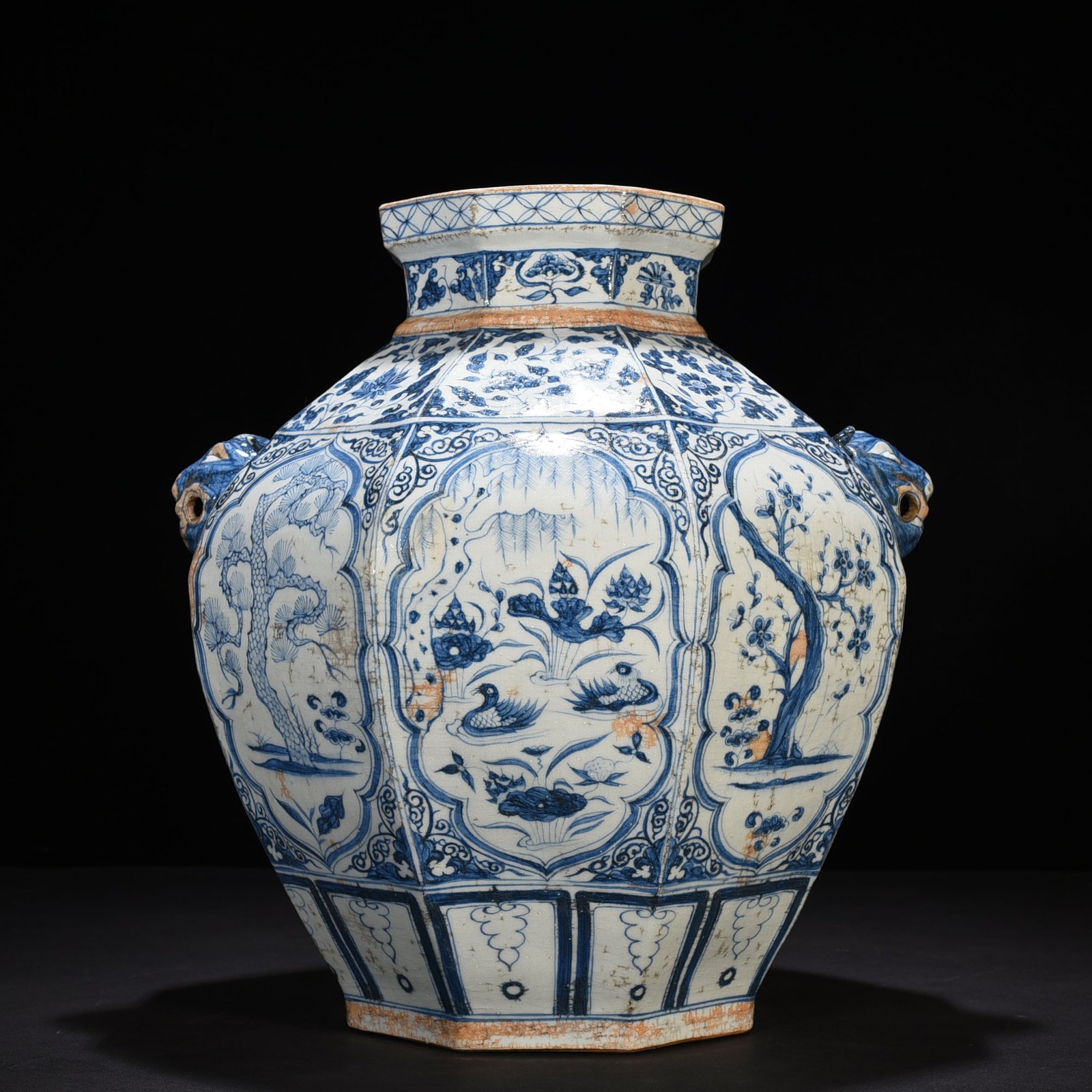 Yuan Dynasty blue and white pine bamboo plum and lotus pond mandarin duck pattern animal ear octagonal jar