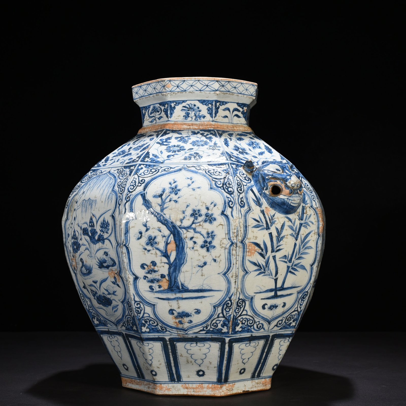 Yuan Dynasty blue and white pine bamboo plum and lotus pond mandarin duck pattern animal ear octagonal jar