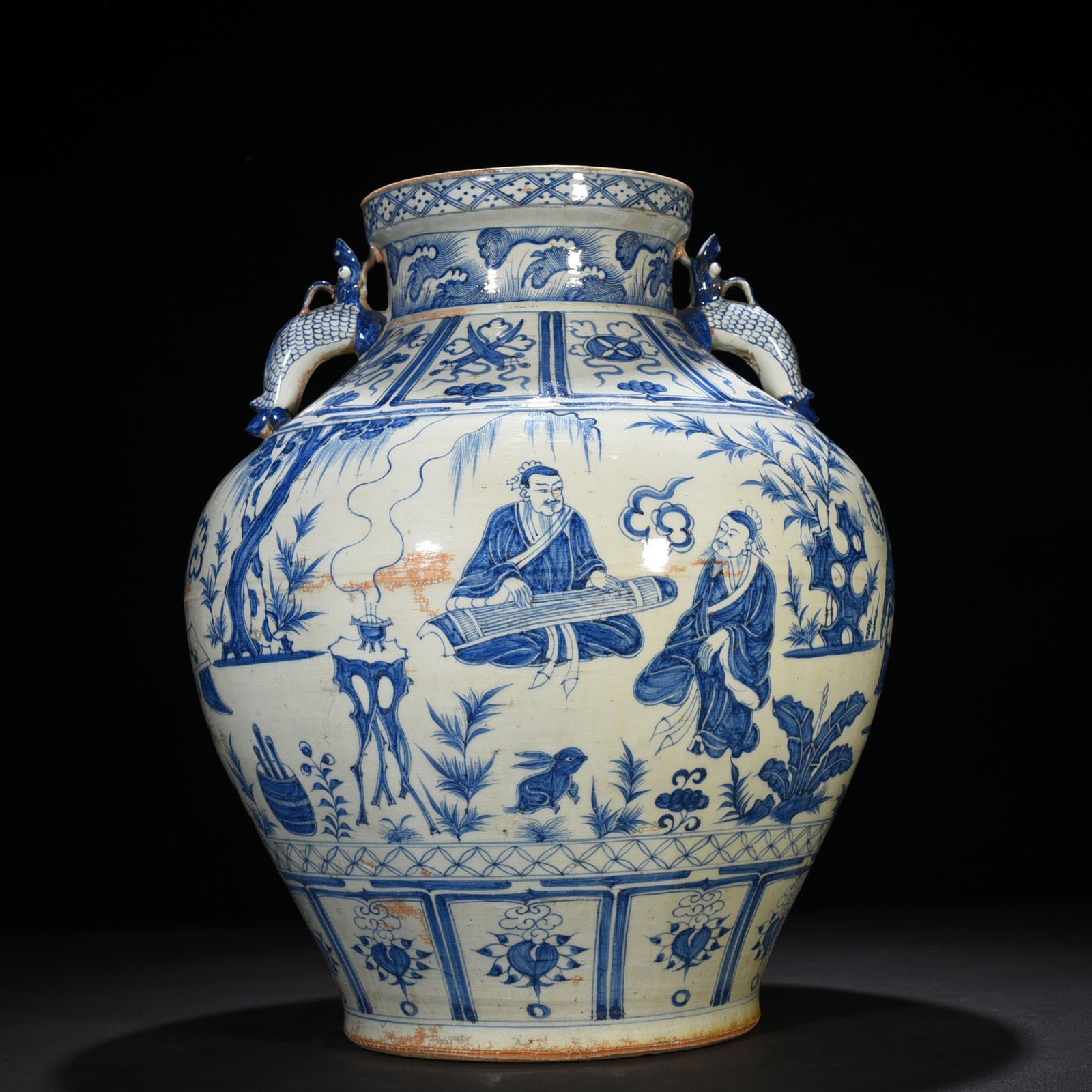 Yuan blue and white chess calligraphy and painting character story pattern large jar with two ears
