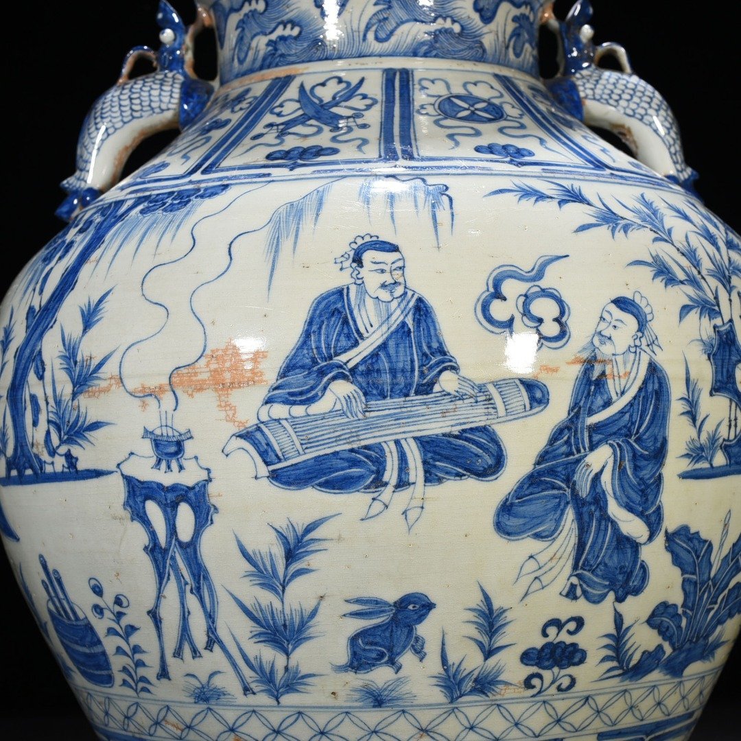 Yuan blue and white chess calligraphy and painting character story pattern large jar with two ears