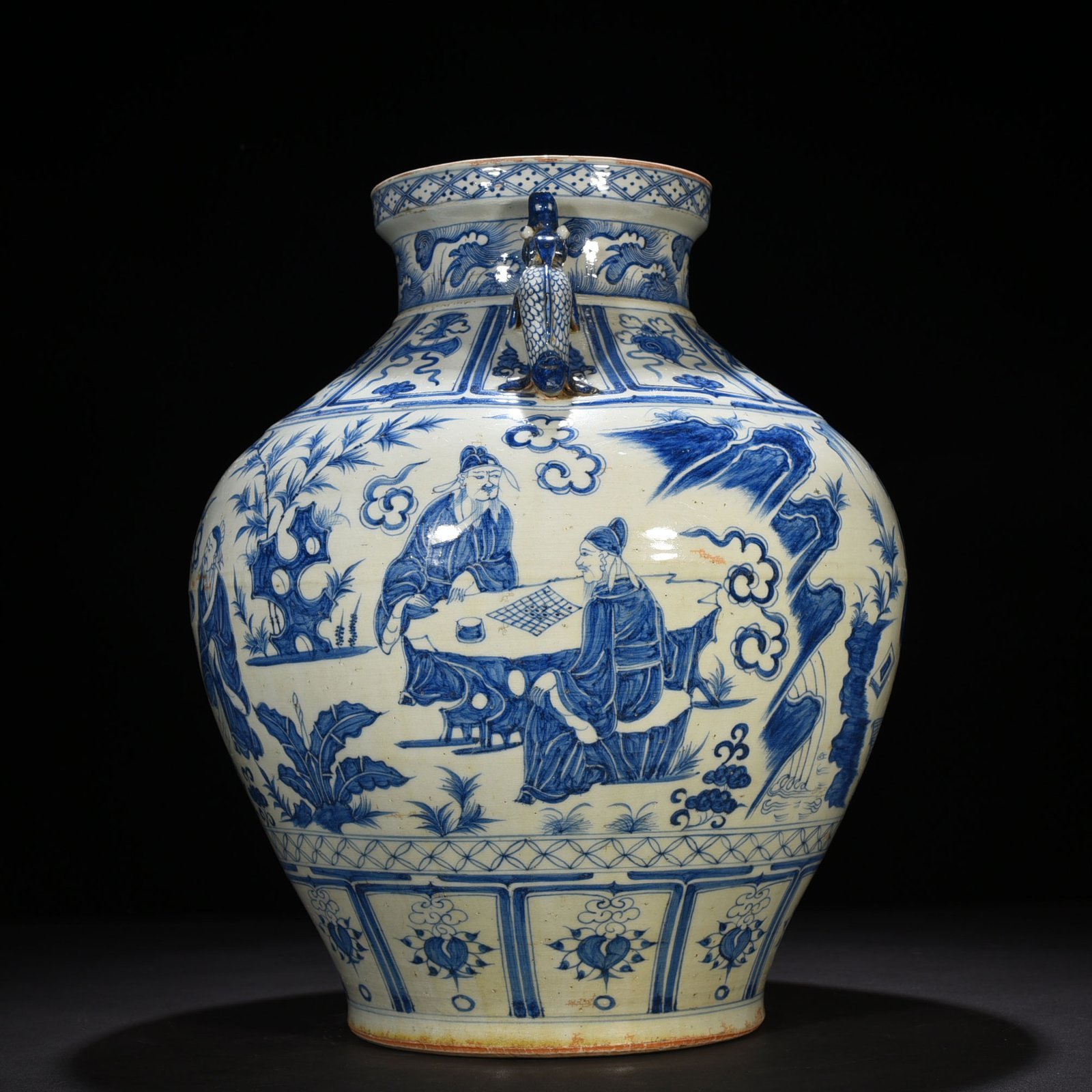 Yuan blue and white chess calligraphy and painting character story pattern large jar with two ears