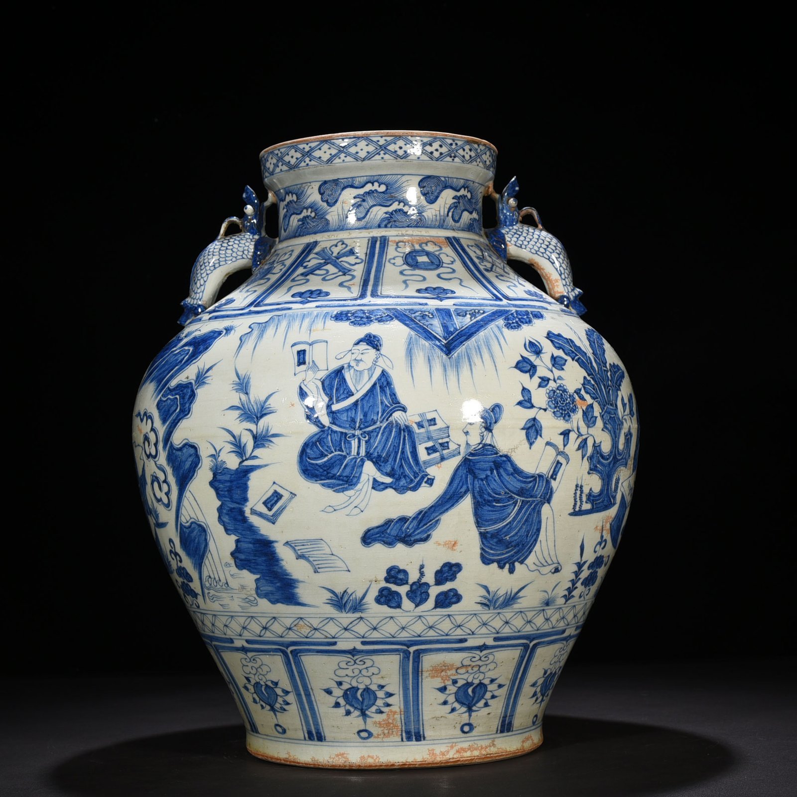 Yuan blue and white chess calligraphy and painting character story pattern large jar with two ears