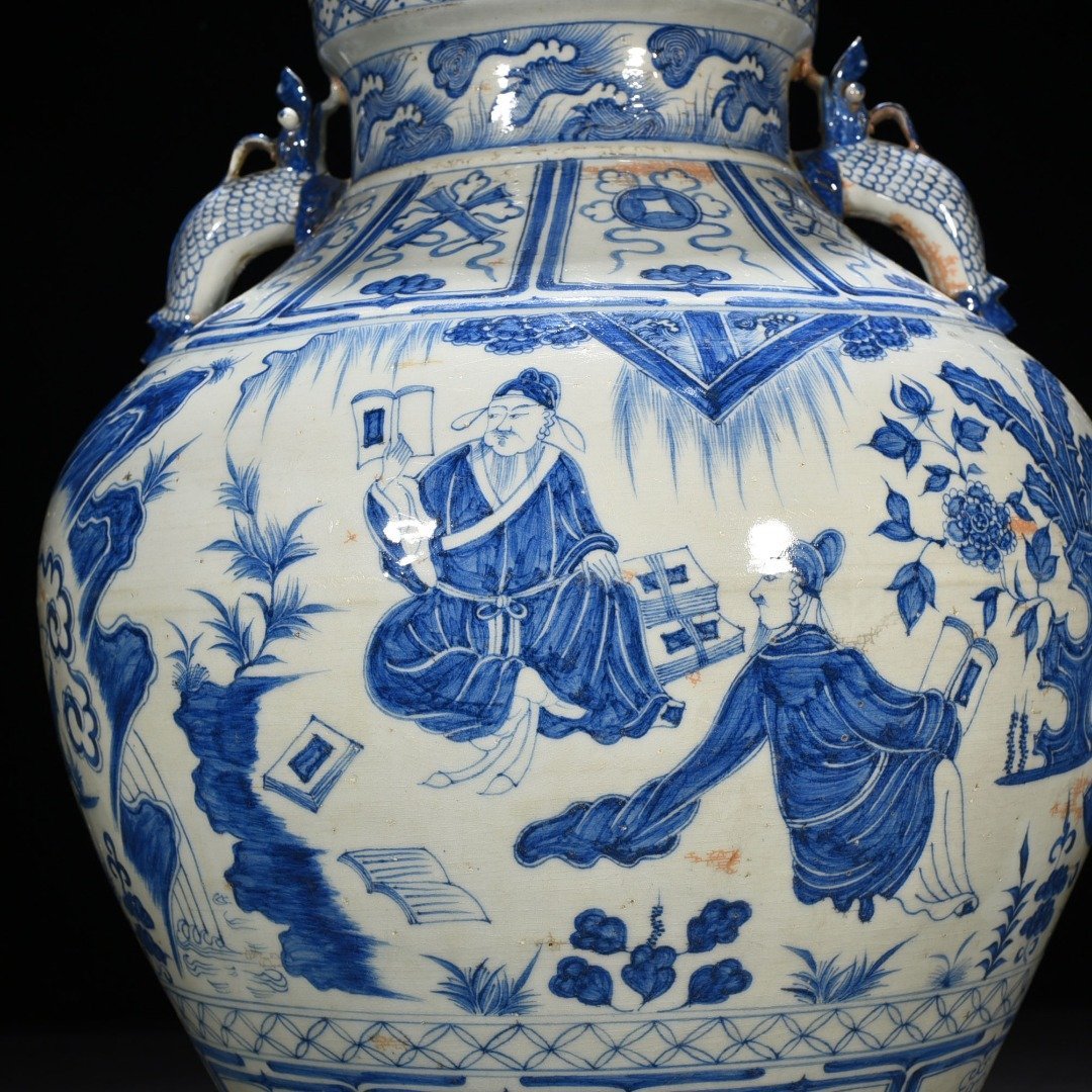 Yuan blue and white chess calligraphy and painting character story pattern large jar with two ears