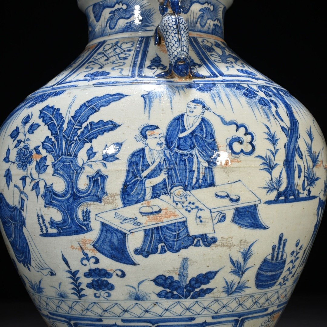Yuan blue and white chess calligraphy and painting character story pattern large jar with two ears
